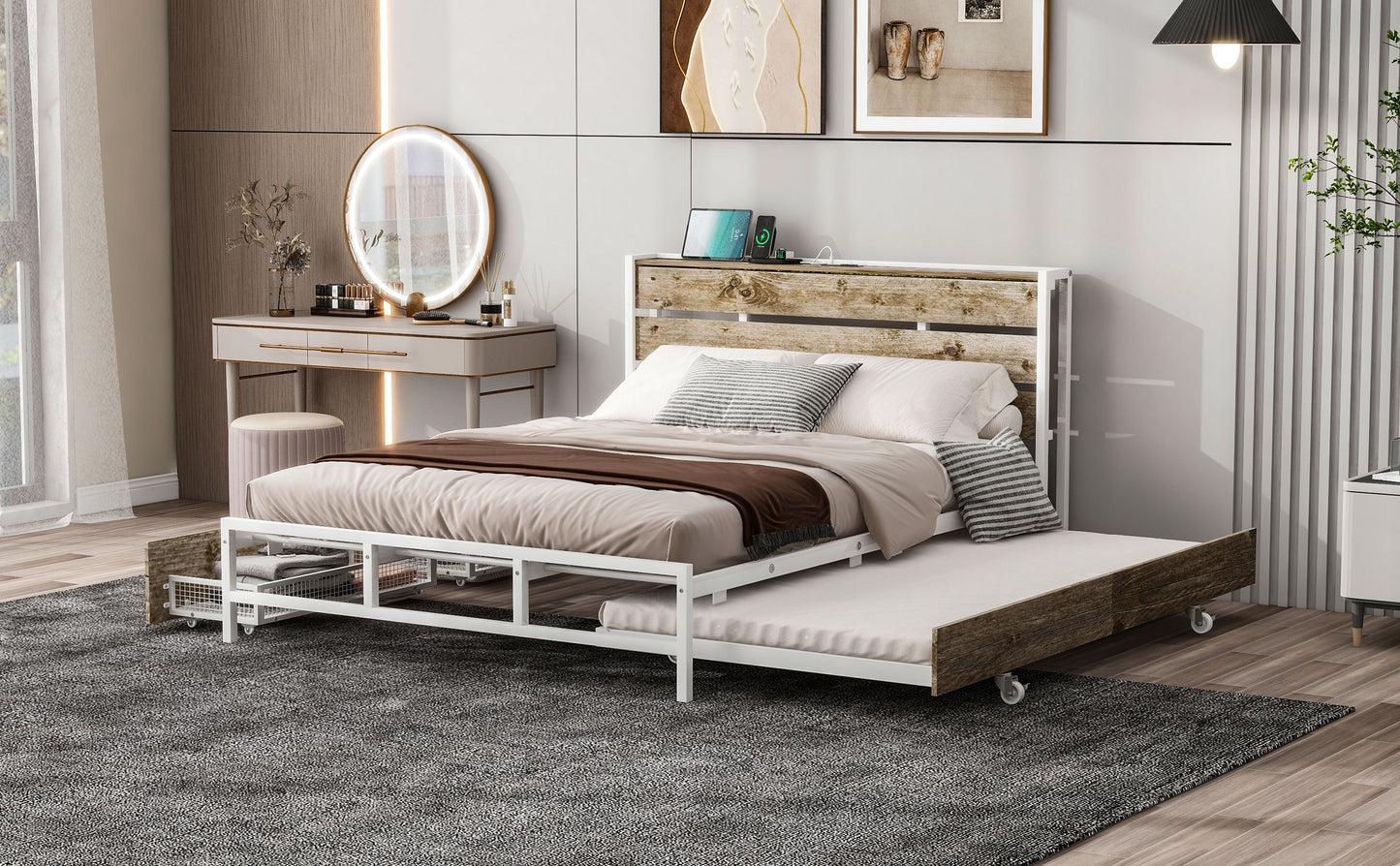 Metal Platform Bed With Drawers and trundle, Sockets and USB Ports, Queen, White