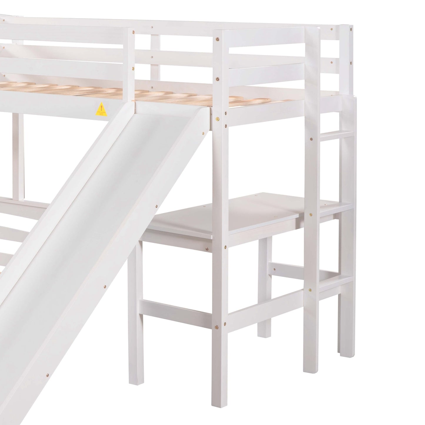 Combined L-Shaped Loft Bunk Bed Set with Desk, Slide & Guardrail in White