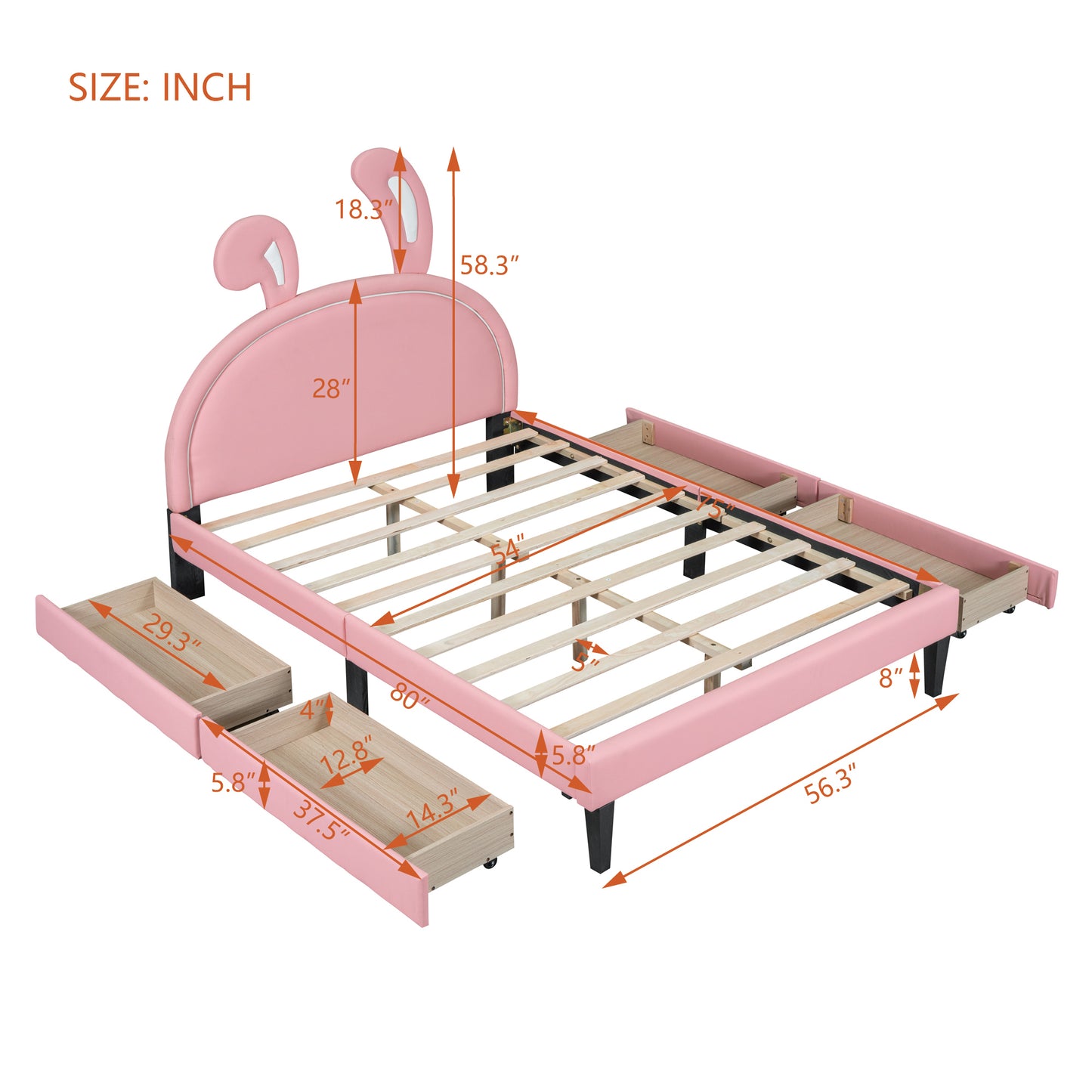 Full Size Upholstered Leather Platform Bed with Rabbit Ornament and 4 Drawers, Pink