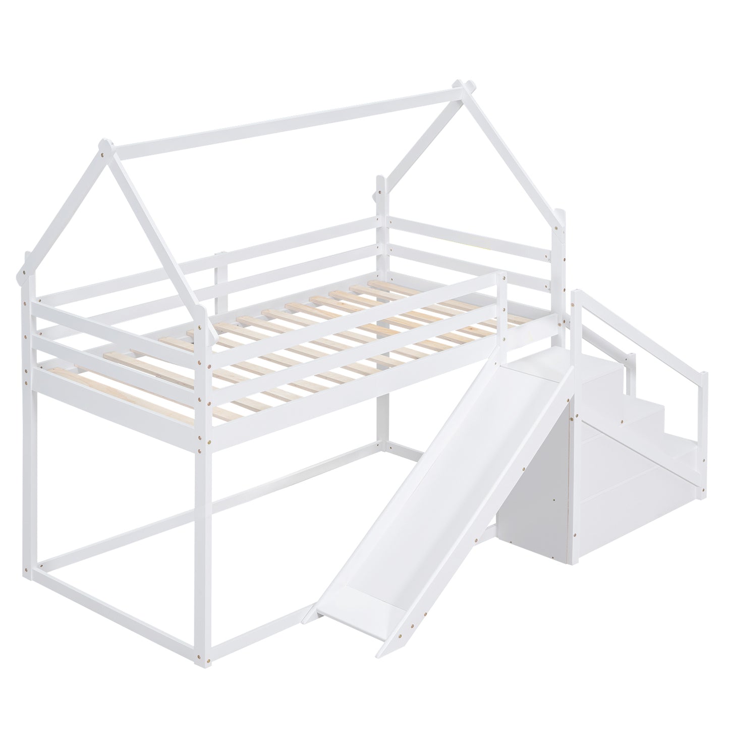 White Twin over Twin House Loft Bunk Bed with Slide, Staircase, Storage, and Play Area