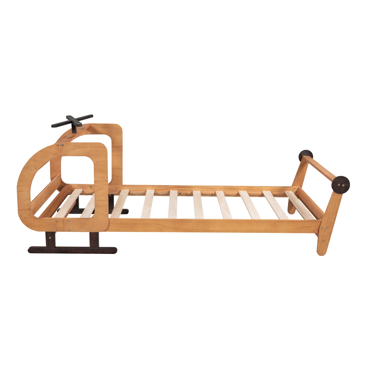 Twin Size Plane Shaped Platform Bed with Rotatable Propeller and Shelves, Natural