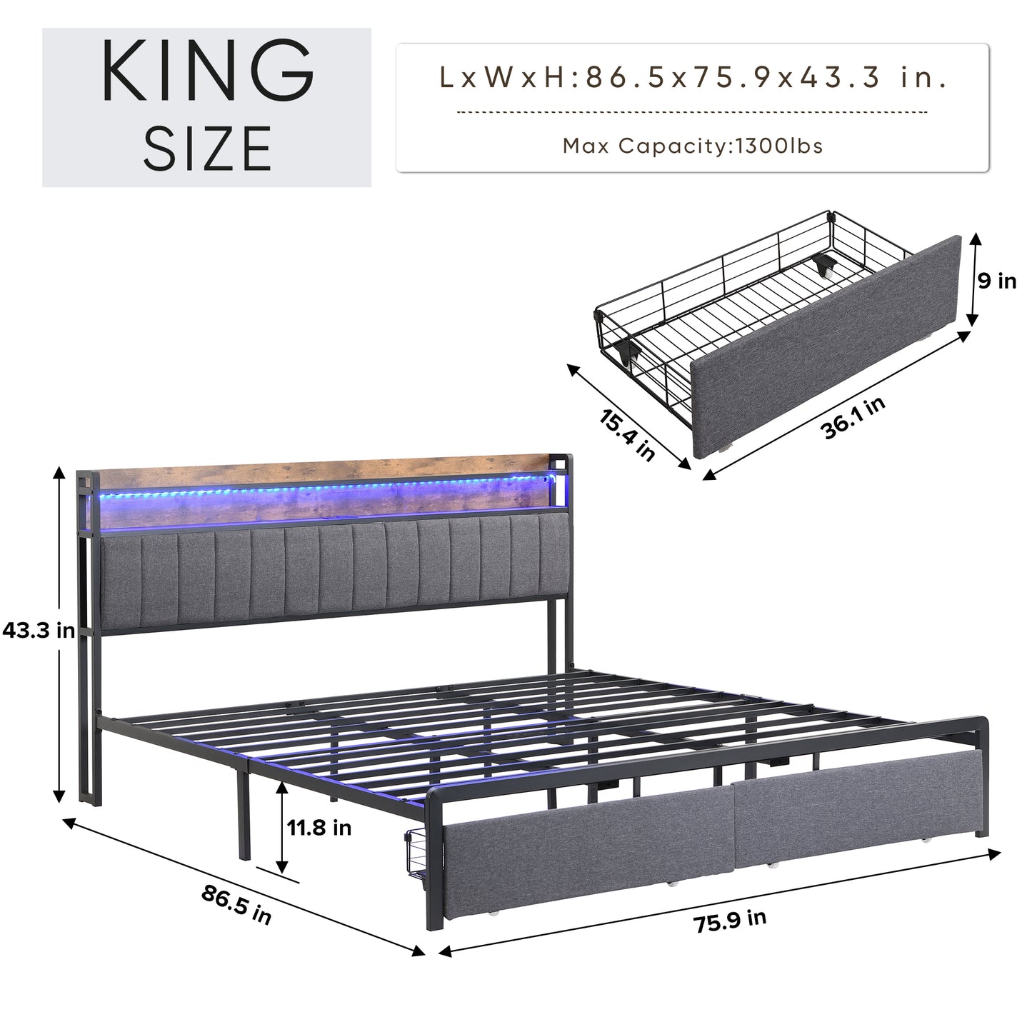 King Bed Frames with Storage Headboard and Drawers, LED Platform Bed Frame King Size, LED Upholstered Bed Frame with Charging Station, No Box Spring Needed, Easy Assembly, Grey