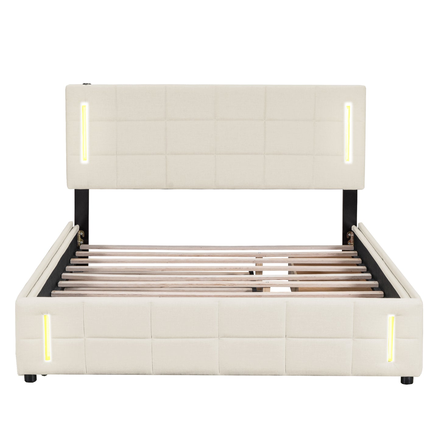 Queen Size Upholstered Platform Bed with Trundle and Drawers, Beige