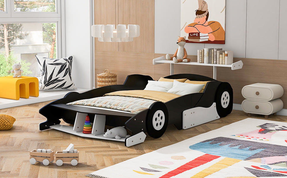 Full Size Race Car-Shaped Platform Bed with Wheels,Black