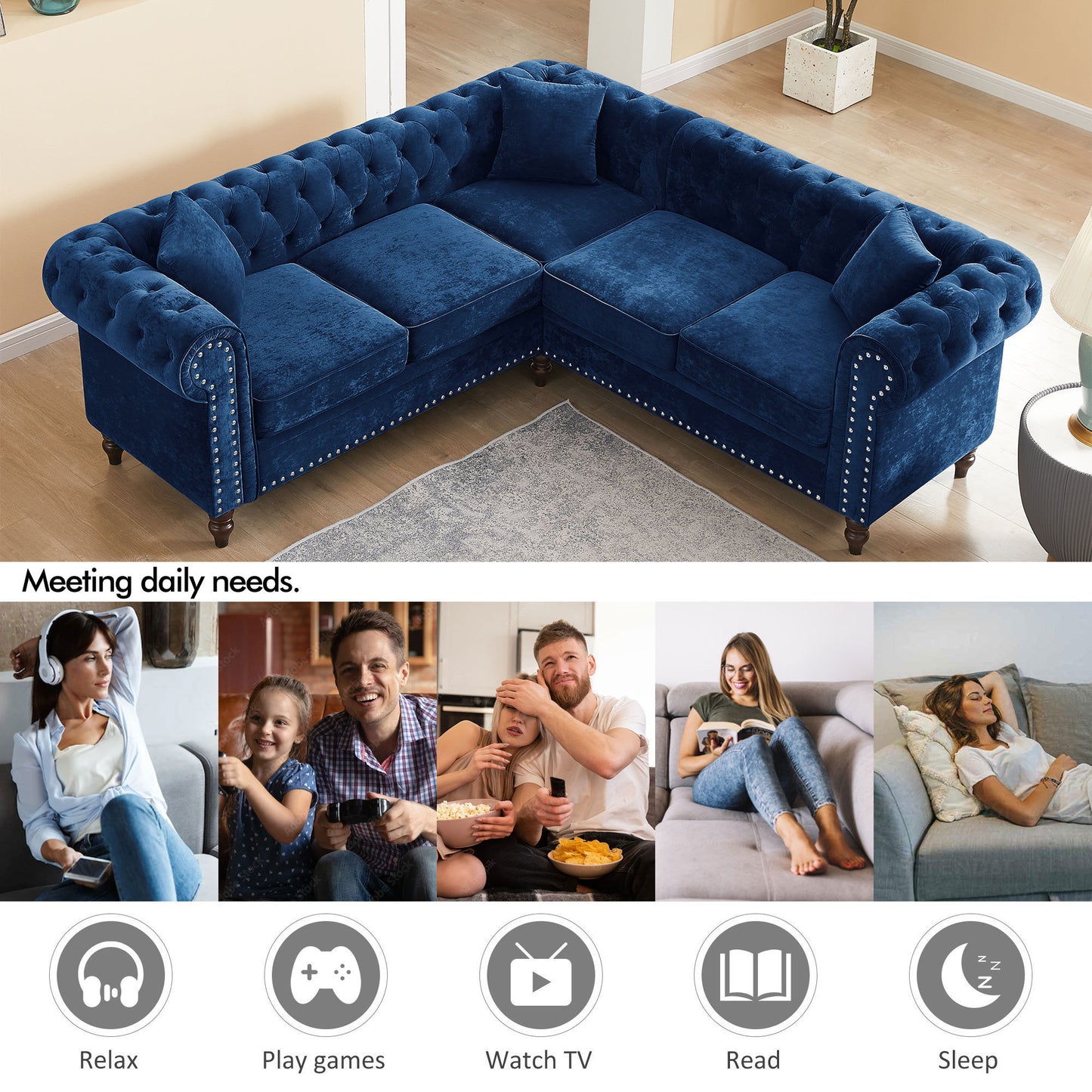 Luxurious Blue Velvet L-shaped Chesterfield Sofa with Deep Button Tufting