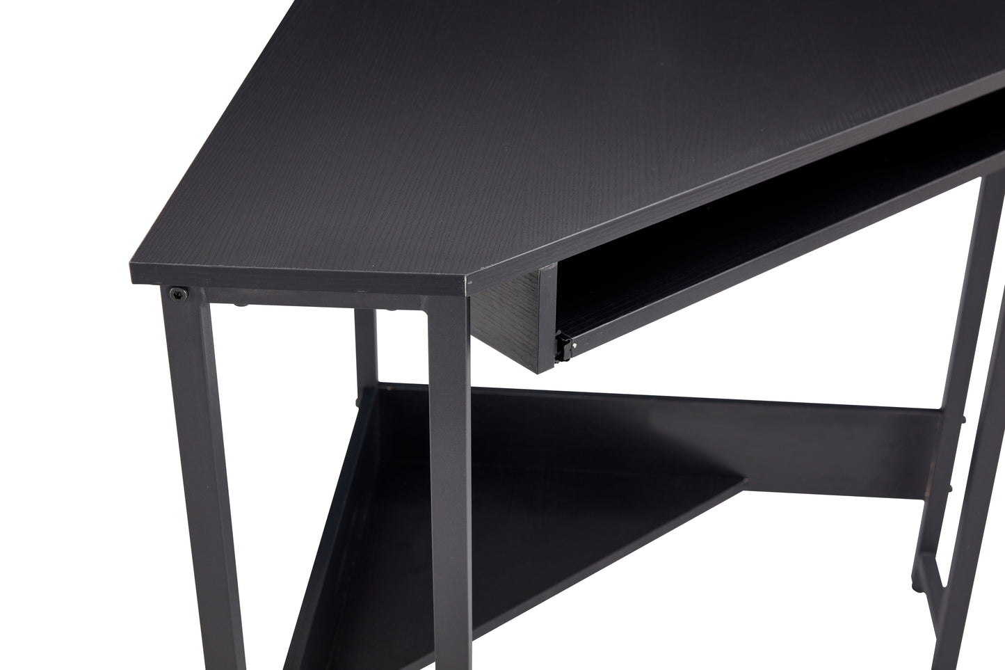 Sleek Black Triangle Desk with Keyboard Tray and Storage Shelves