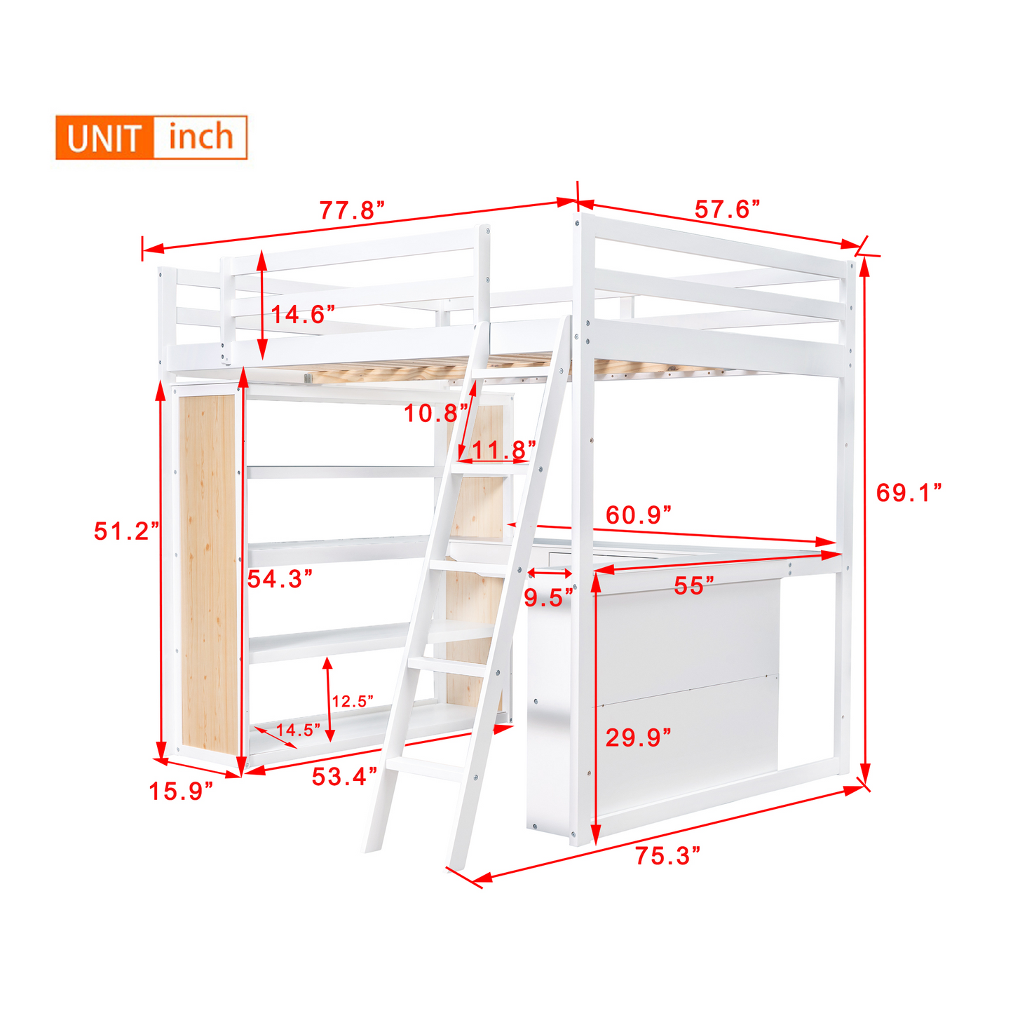 Full Size Loft Bed with Ladder, Shelves, and Desk, White