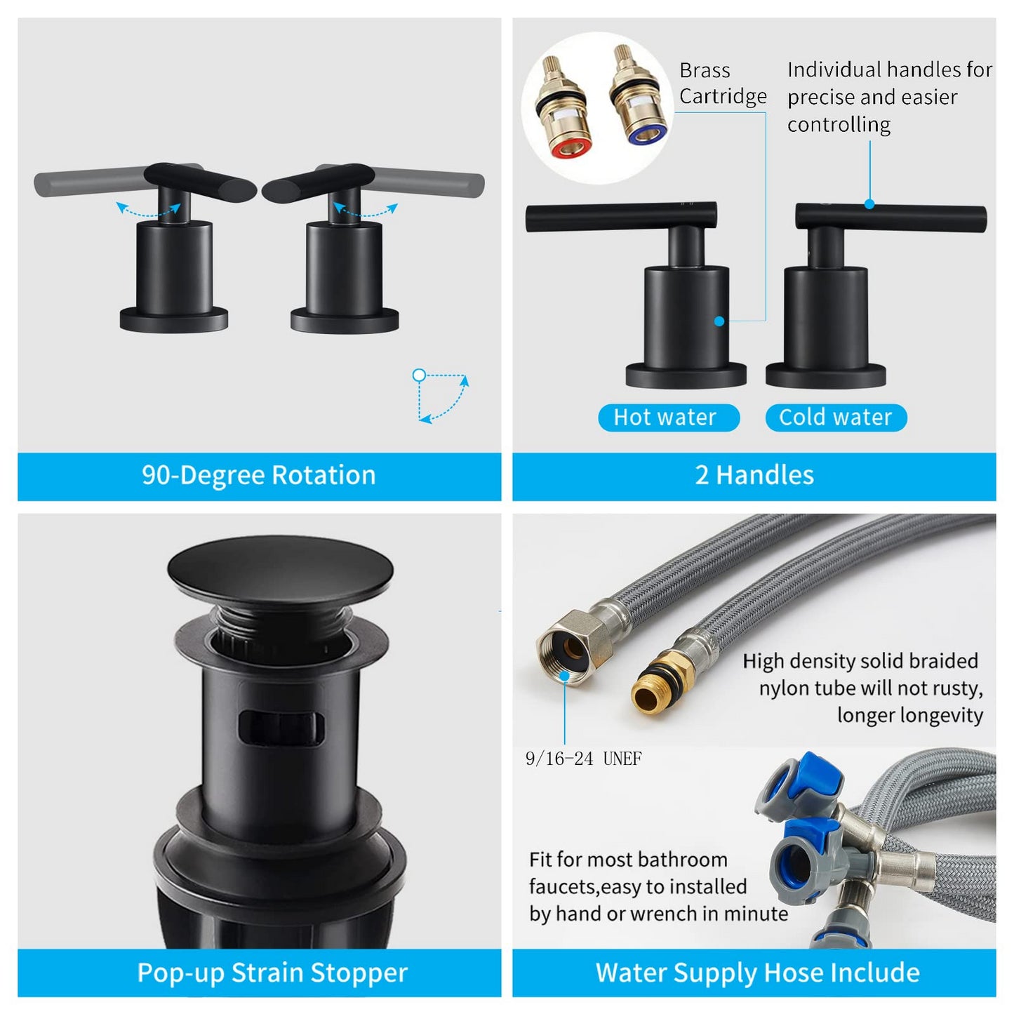 Modern Black Waterfall Bathroom Faucet with 2-Handles and Drain Assembly