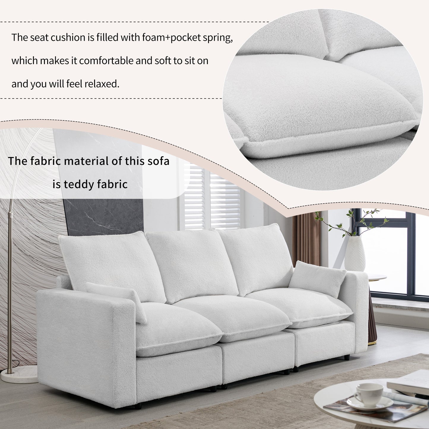 U_STYLE 3 Seat Sofa with Removable Back and Seat Cushions and 2 pillows,Teddy Fabric Couch for Living Room, Office, Apartment