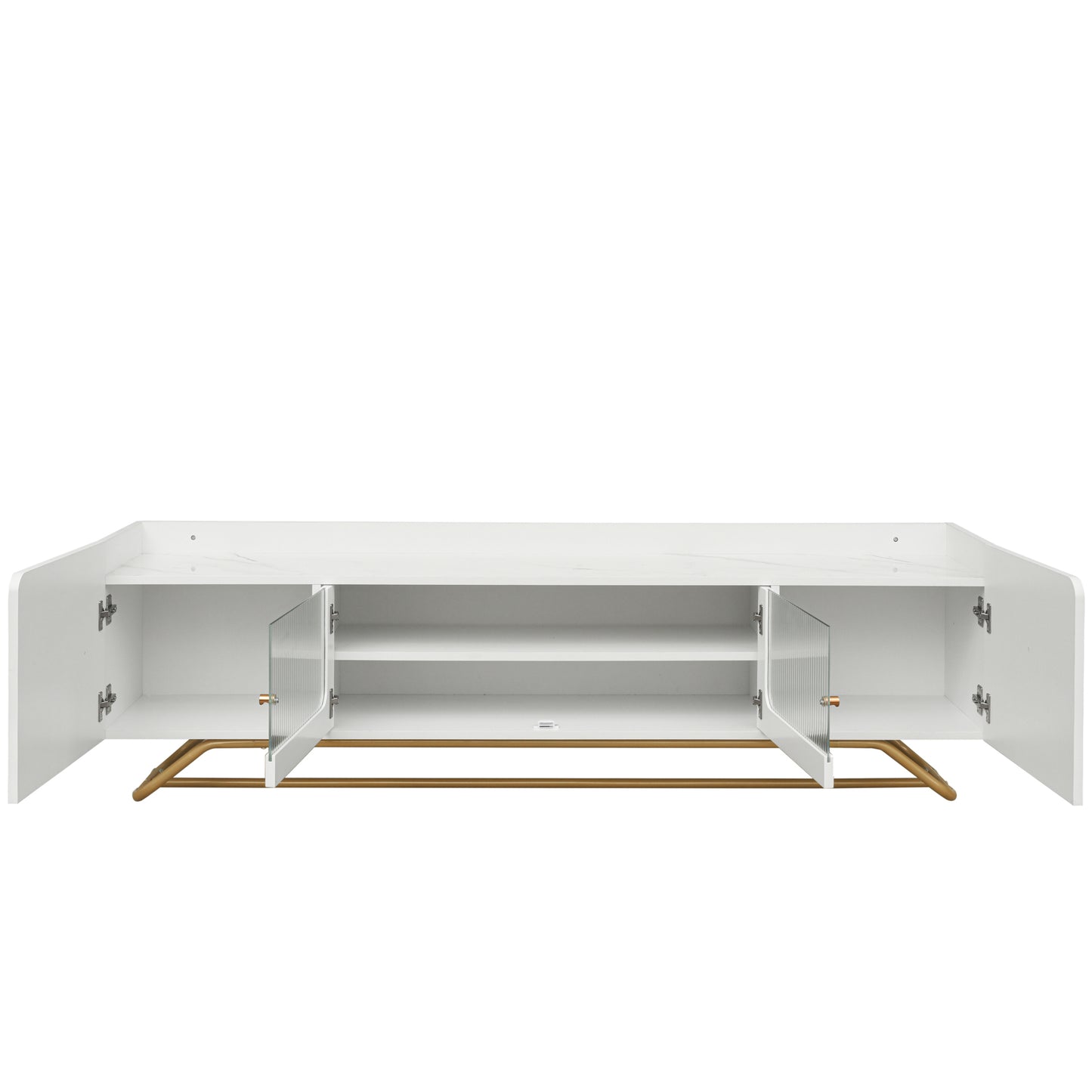 Contemporary White TV Stand with Fluted Glass Doors, Faux Marble Top, and Gold Metal Accents