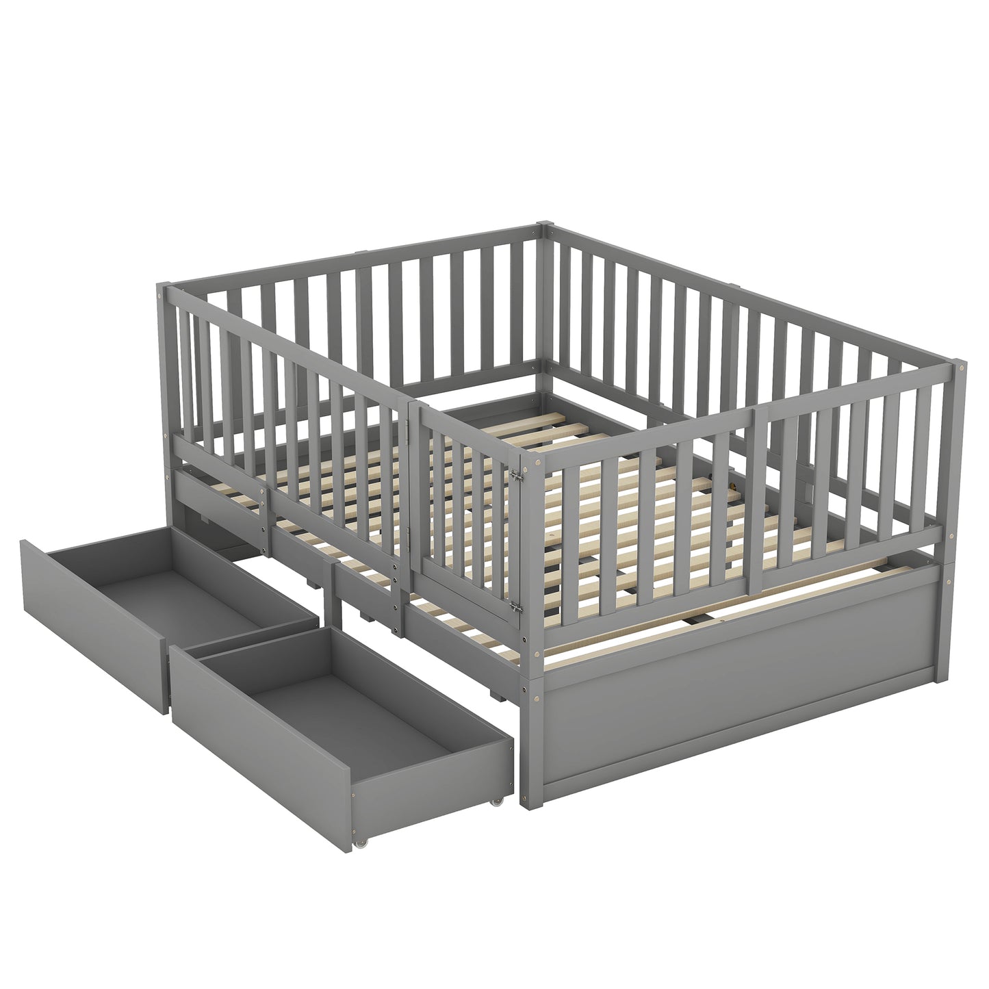 Full Size Wood Daybed with Fence Guardrails and 2 Drawers, Used as Independent Floor Bed & Daybed, Gray