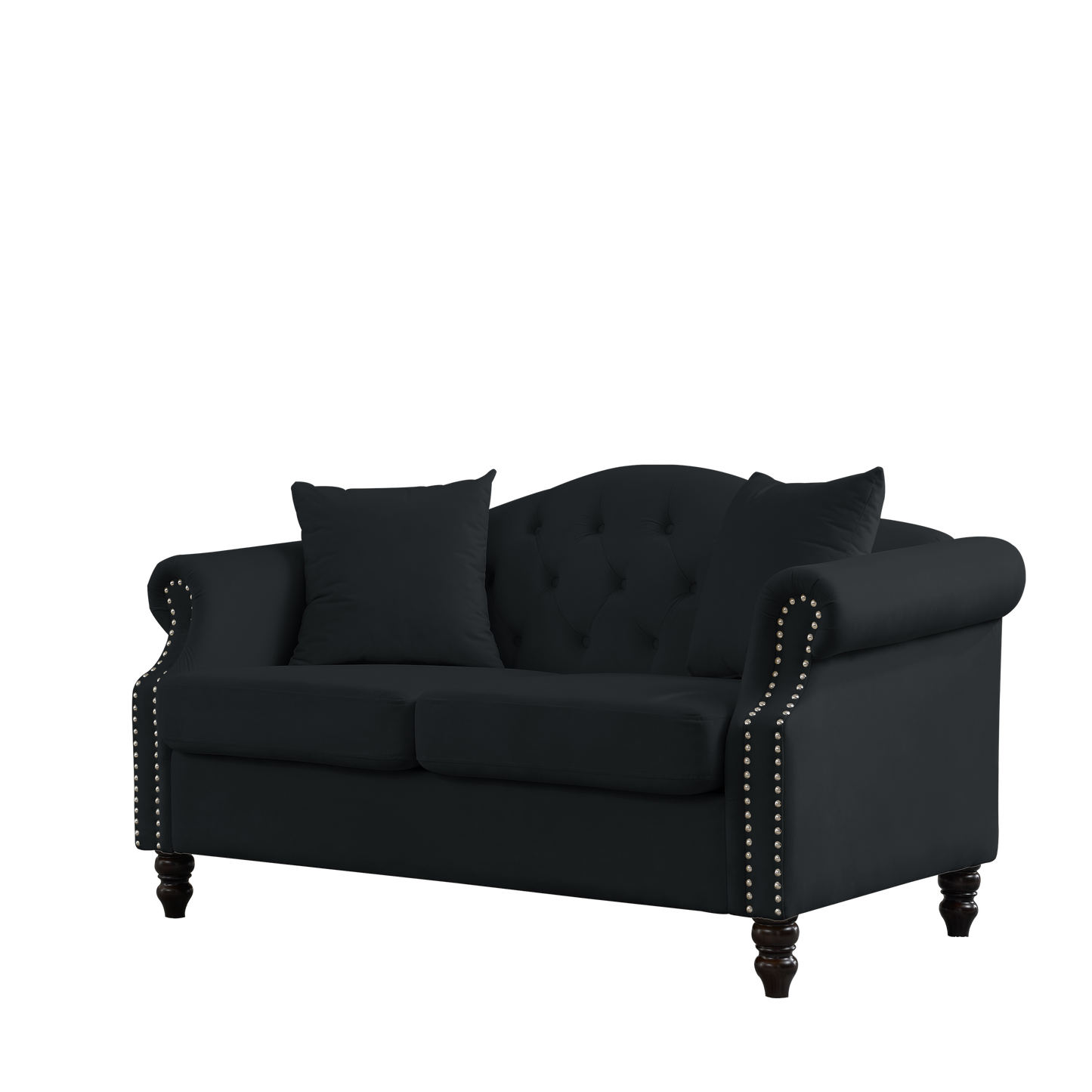 Black Velvet 2-Seater Chesterfield Sofa with Rolled Arms