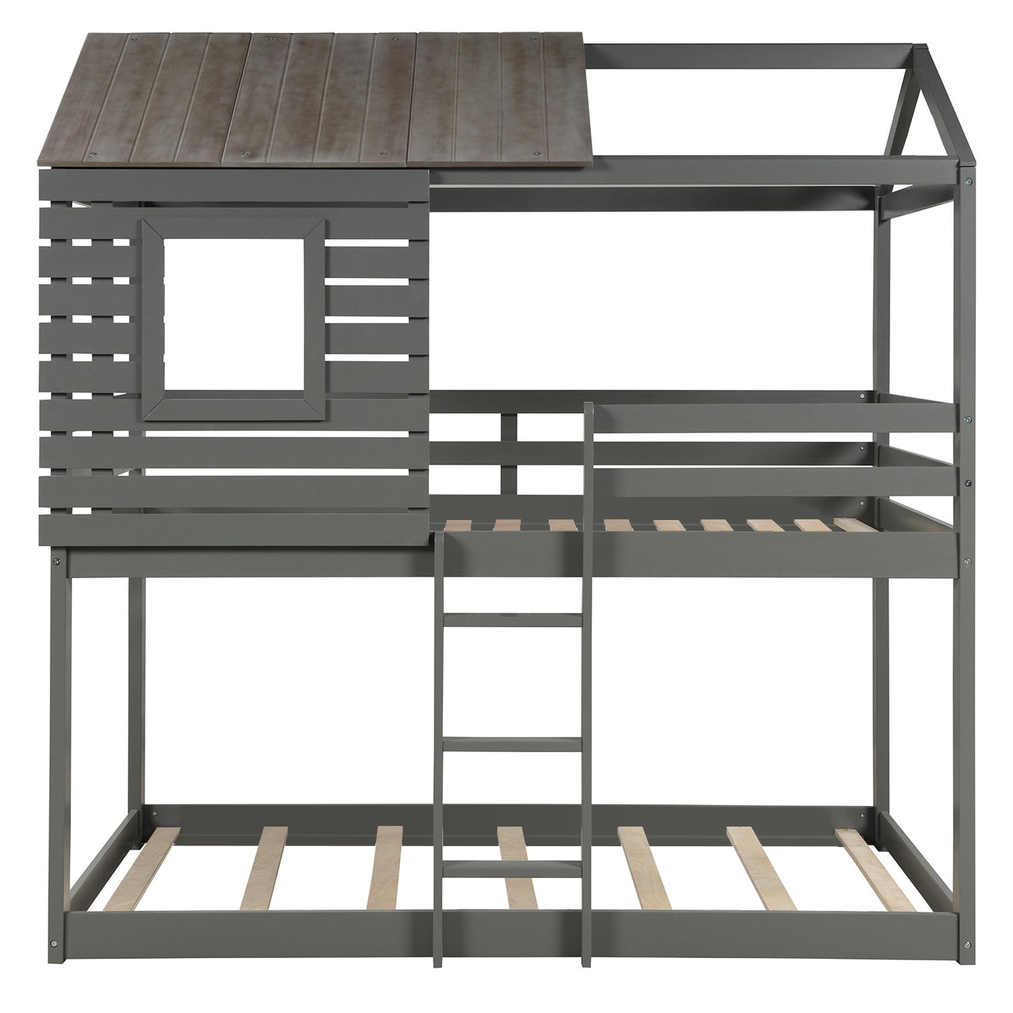 Gray Twin Over Twin Bunk Bed with Playhouse Roof and Window