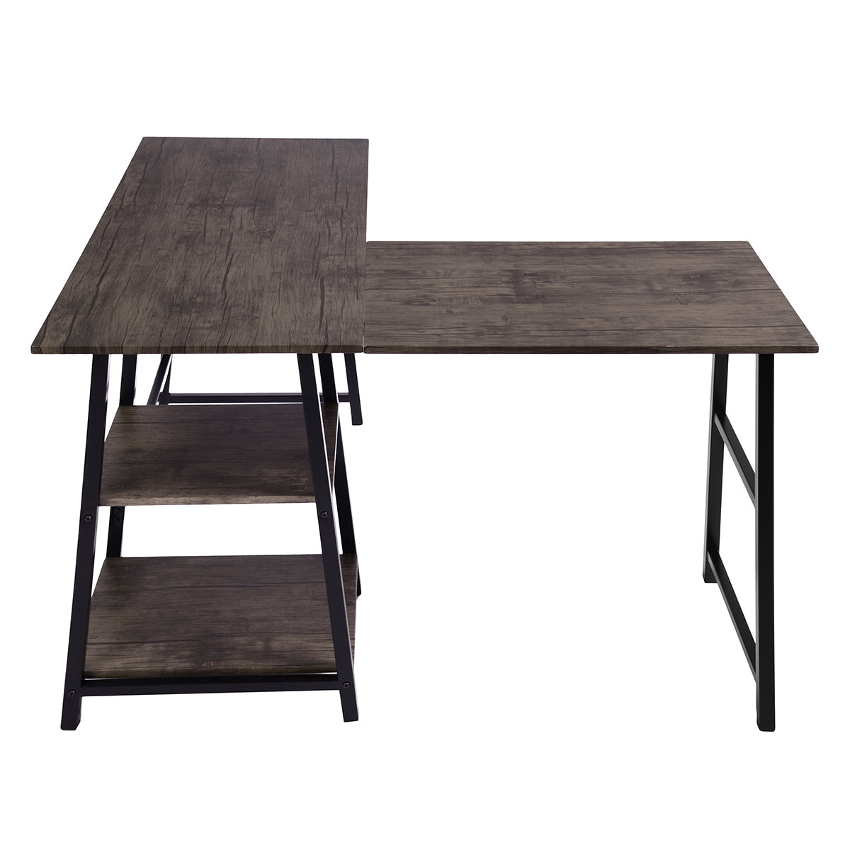 Rustic Vintage Brown L-Shaped Industrial Computer Desk with Open Shelves