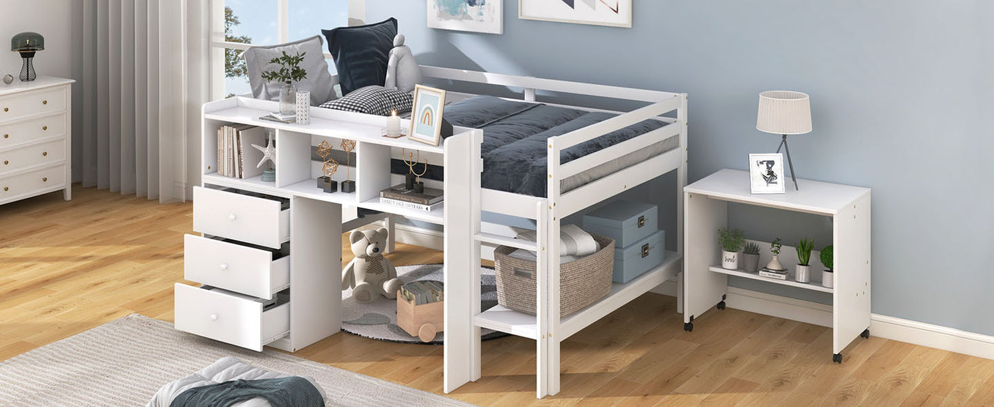 Full Size Low Loft Bed with Rolling Portable Desk, Drawers and Shelves, White(: GX000711AAK)