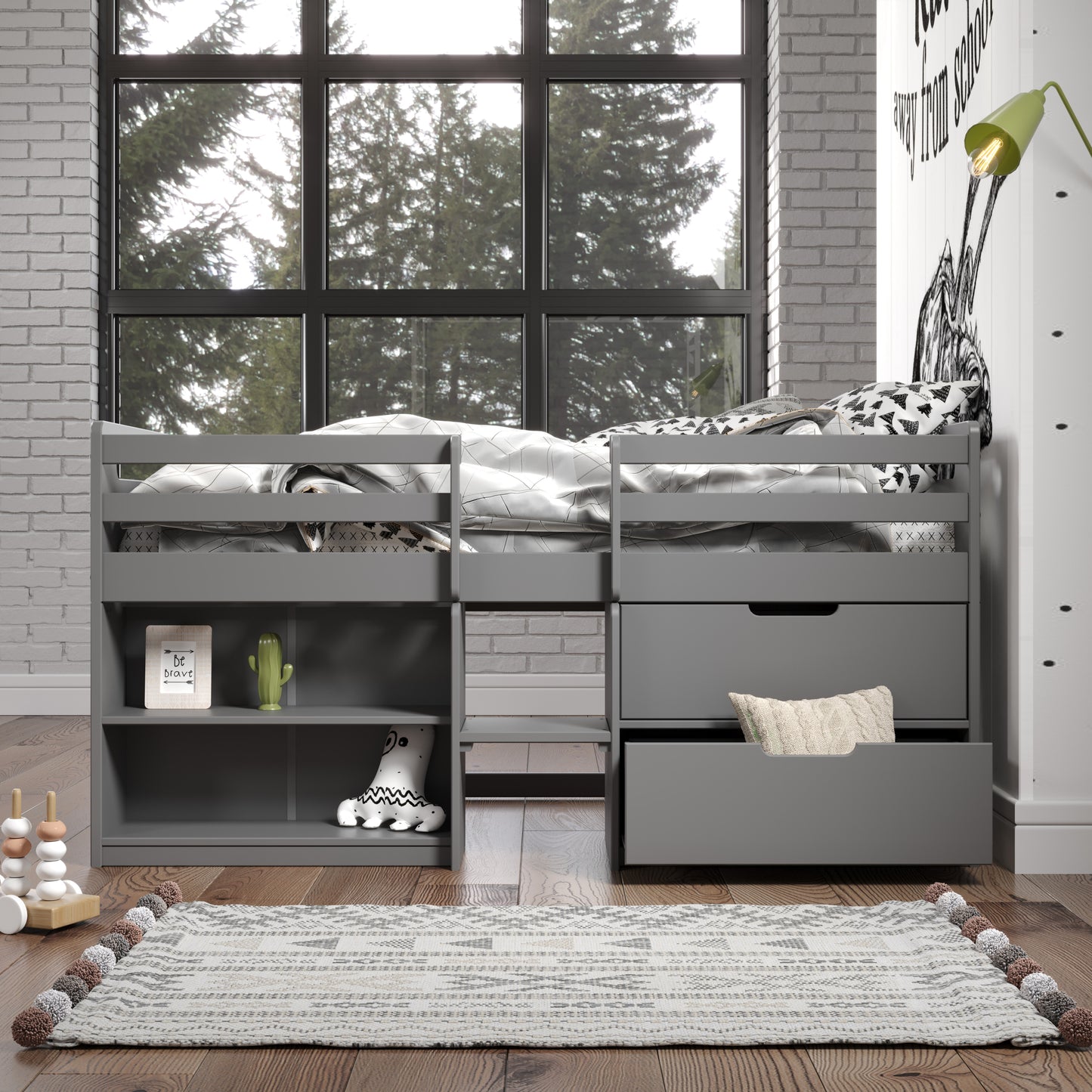 Fabiana Twin Loft Bed w/Storage, Gray Finish BD01375