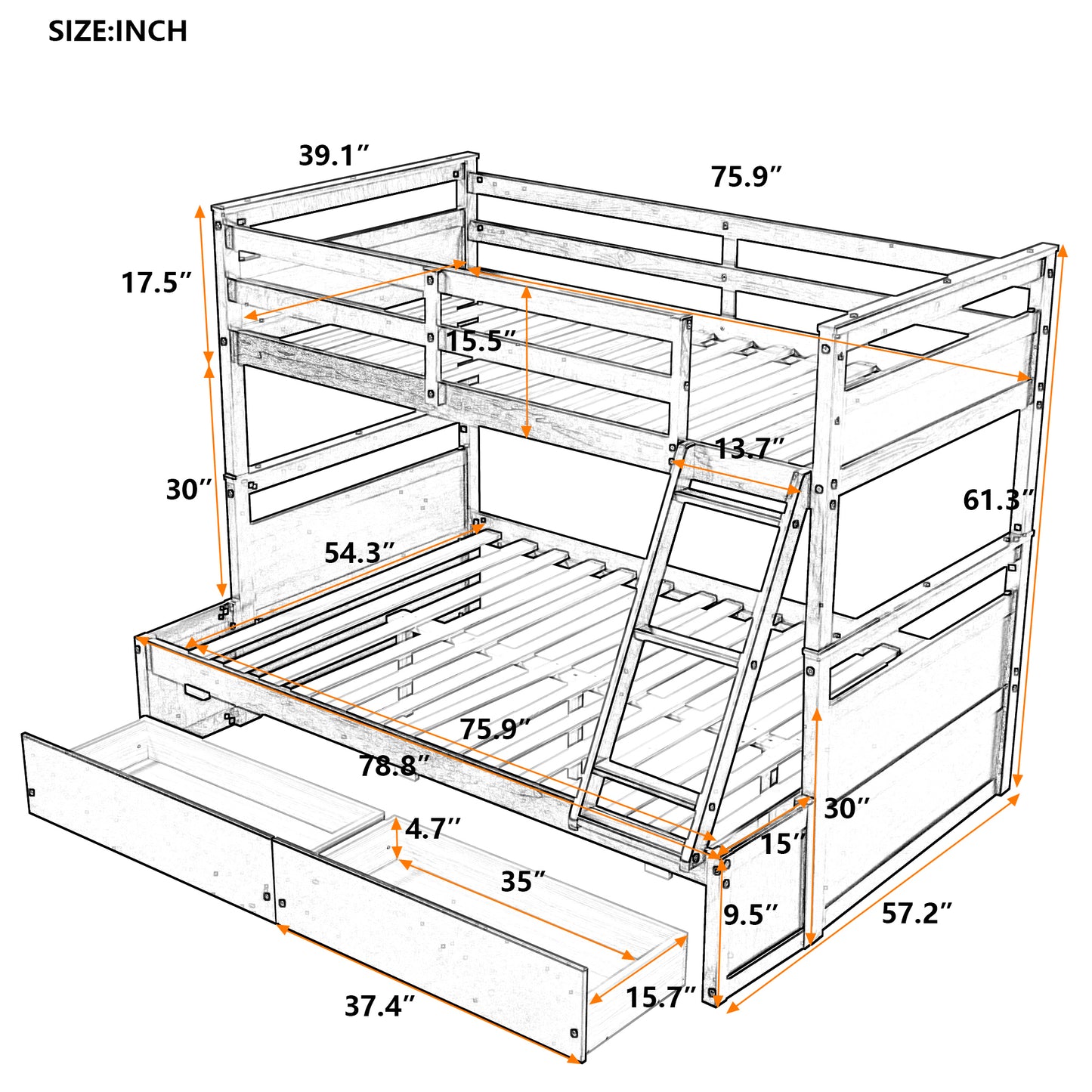 Gray Bunk Bed with Under-Bed Storage and Twin-Full Configuration