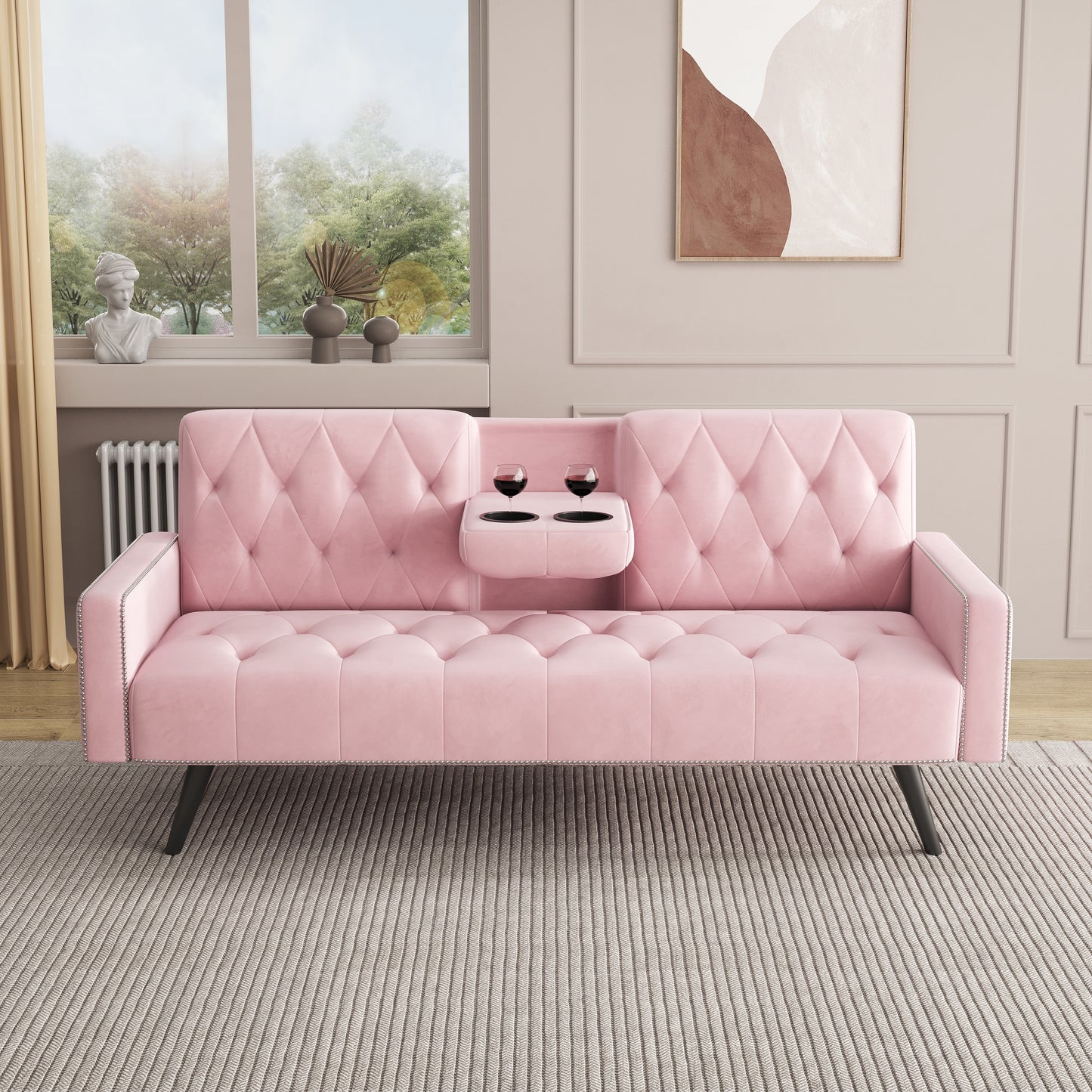 72 Pink Velvet Sofa Bed with Nail Head Trim and Two Cup Holders for Small Spaces