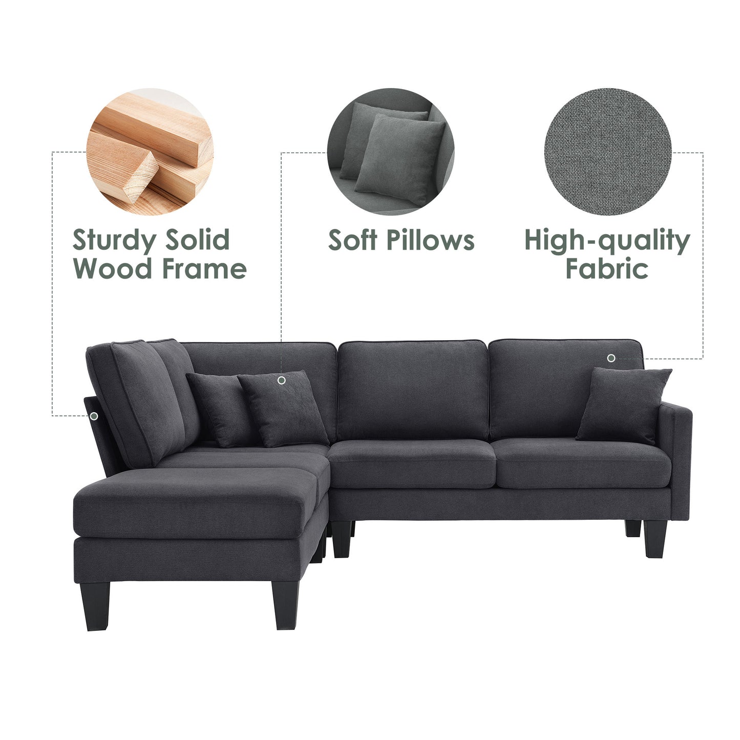 Terrycloth L-Shaped Sectional Sofa with Chaise Lounge and 3 Pillows