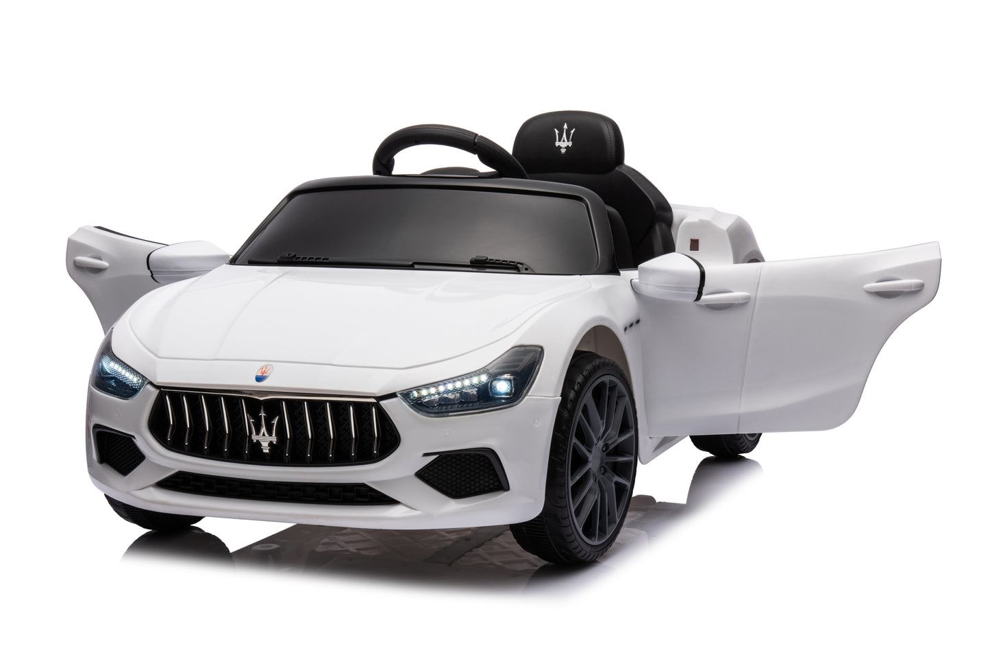 White, Ride On Car, Licensed Maserati 12V, Rechargeable Battery Powered Electric Car with 2 Motors, Parental Remote Control and Manual Modes, Led Lights, MP3, Horn, Music, 4-Wheel, Gift for Boys Girls