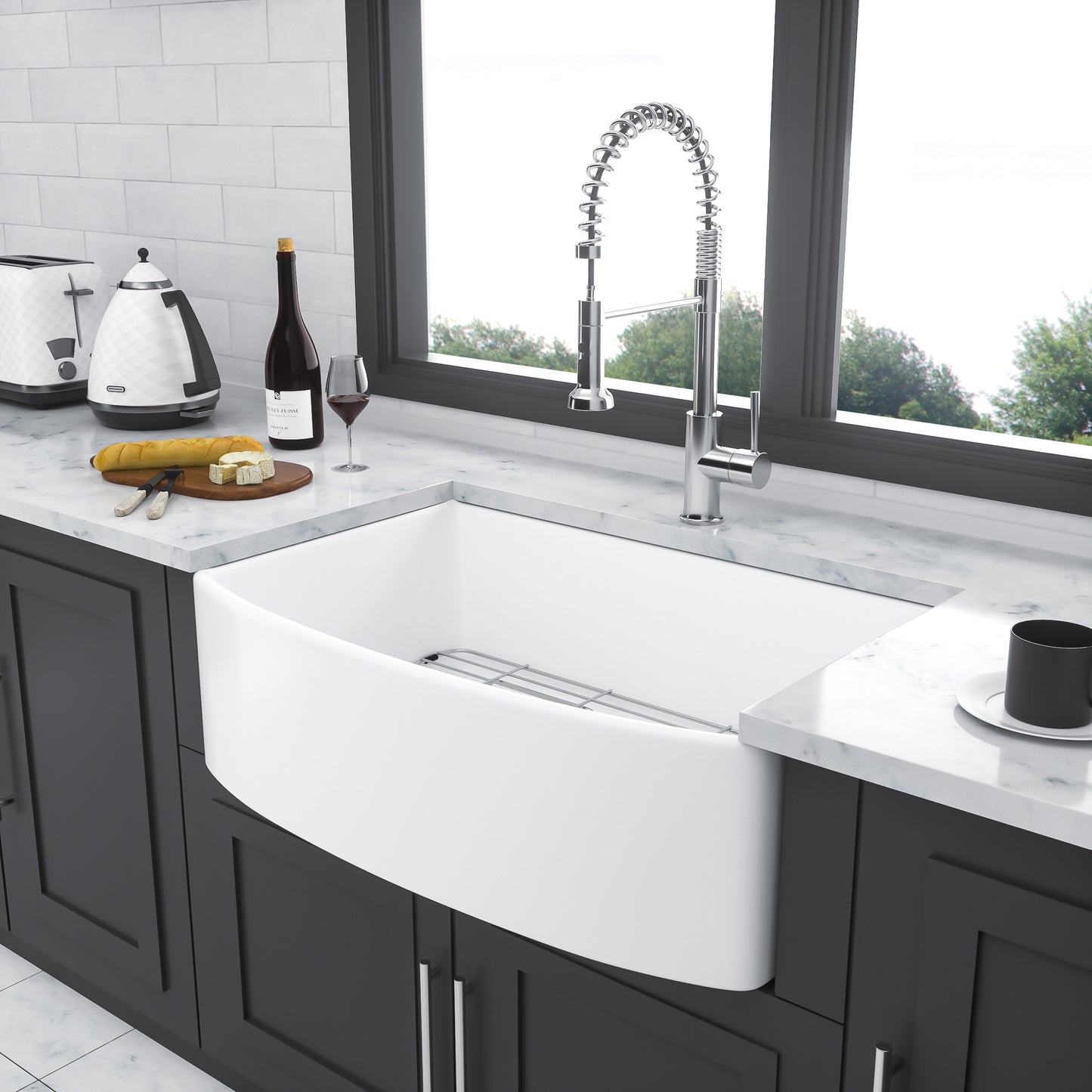 33 White Ceramic Farmhouse Kitchen Sink with Arch Edge Design