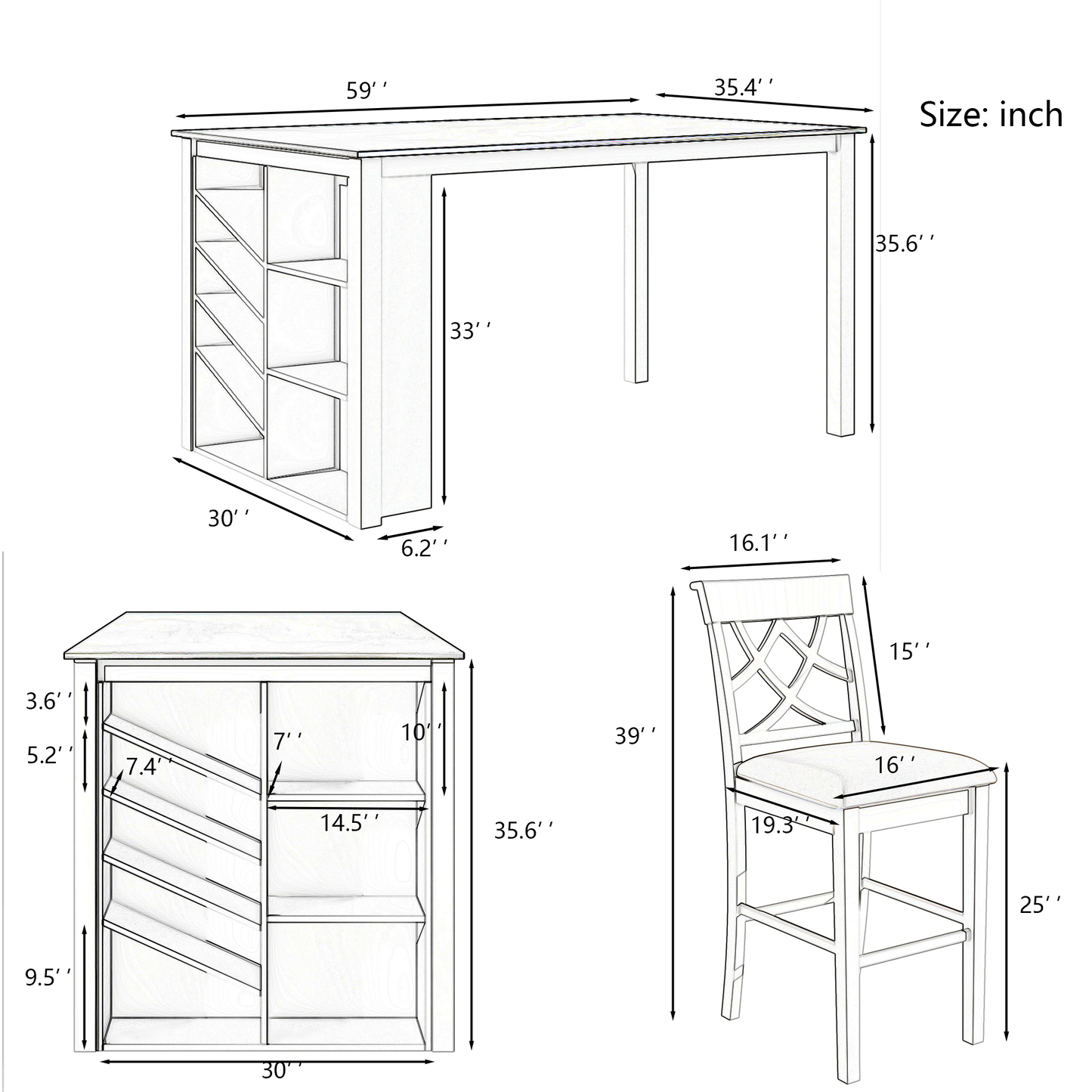 Counter Height 5-piece Solid Wood Dining Table Set, 59*35.4Inch Table with Wine Rack and 4 Upholstered Chairs, White