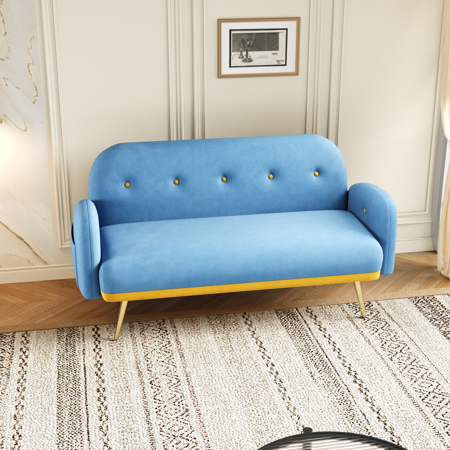 Blue Velvet Space-Saving Sofa with Throw Pillows - 58 Compact Design