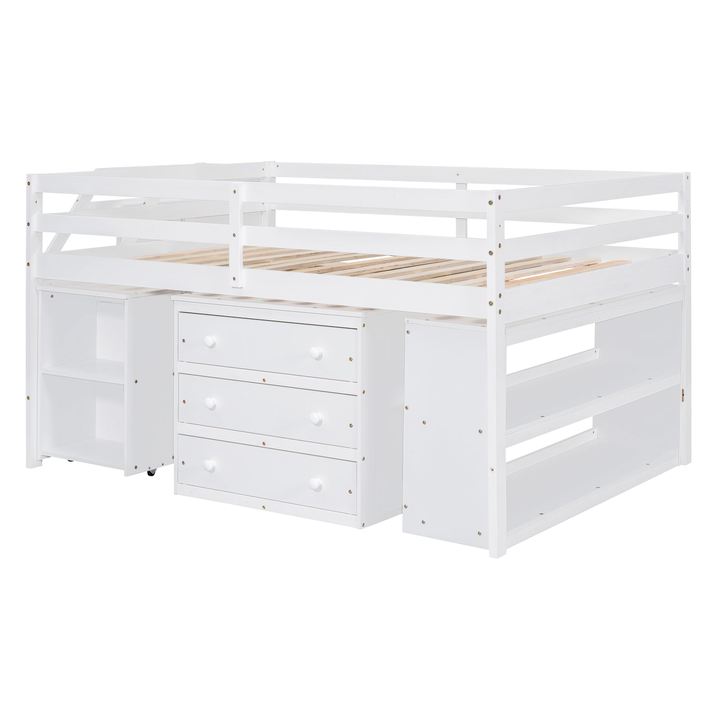 Full Size Loft Bed with Retractable Writing Desk and 3 Drawers, Wooden Loft Bed with Storage Stairs and Shelves, White