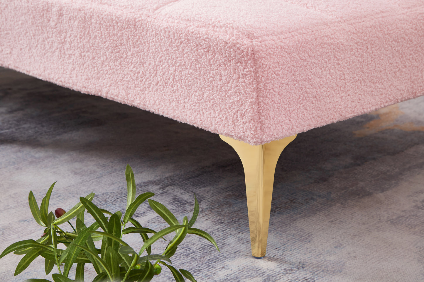 Convertible Pink Teddy Fabric Sofa Bed with Gold Metal Legs