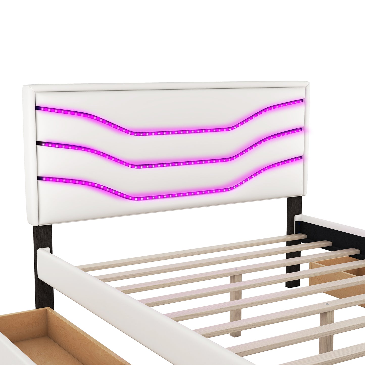 Queen Size Upholstered Storage Platform Bed with LED, 4 Drawers and USB Charging, White