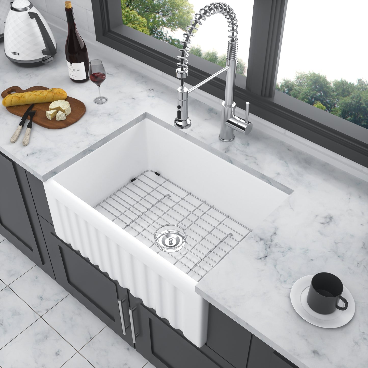 White Ceramic Farmhouse Kitchen Sink with Apron Style