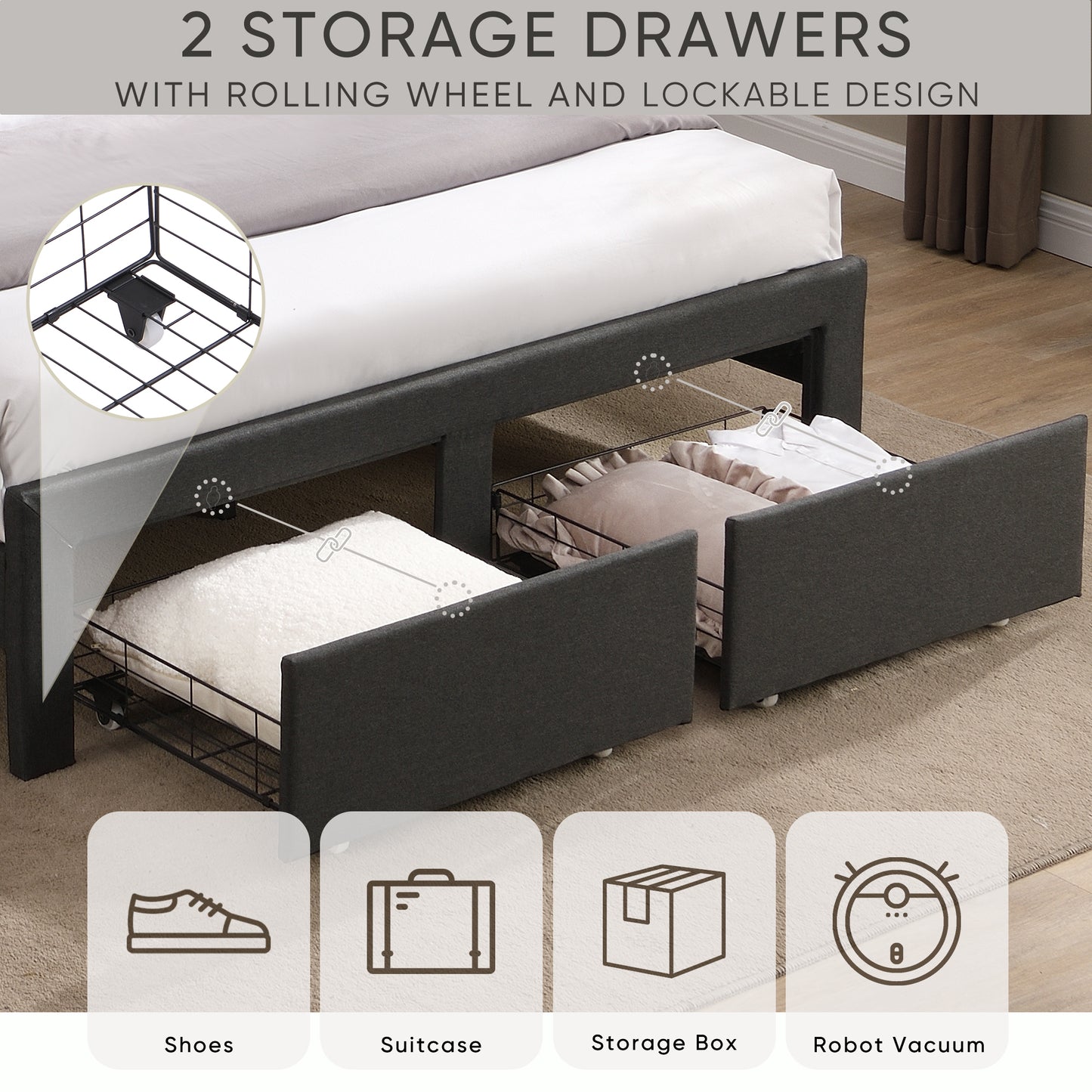 Full Size Bed Frame with 2 Storage Drawers, Upholstered Bed Frame with Wingback Headboard Storage Shelf Built-in USB Charging Stations and Strong Wood Slats Support, No Box Spring Needed, Dark Gray