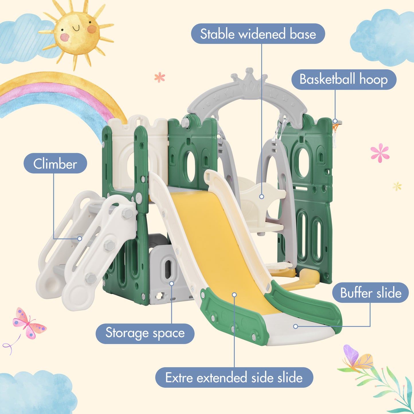 5-in-1 Kids Playground Climber Slide and Swing Set