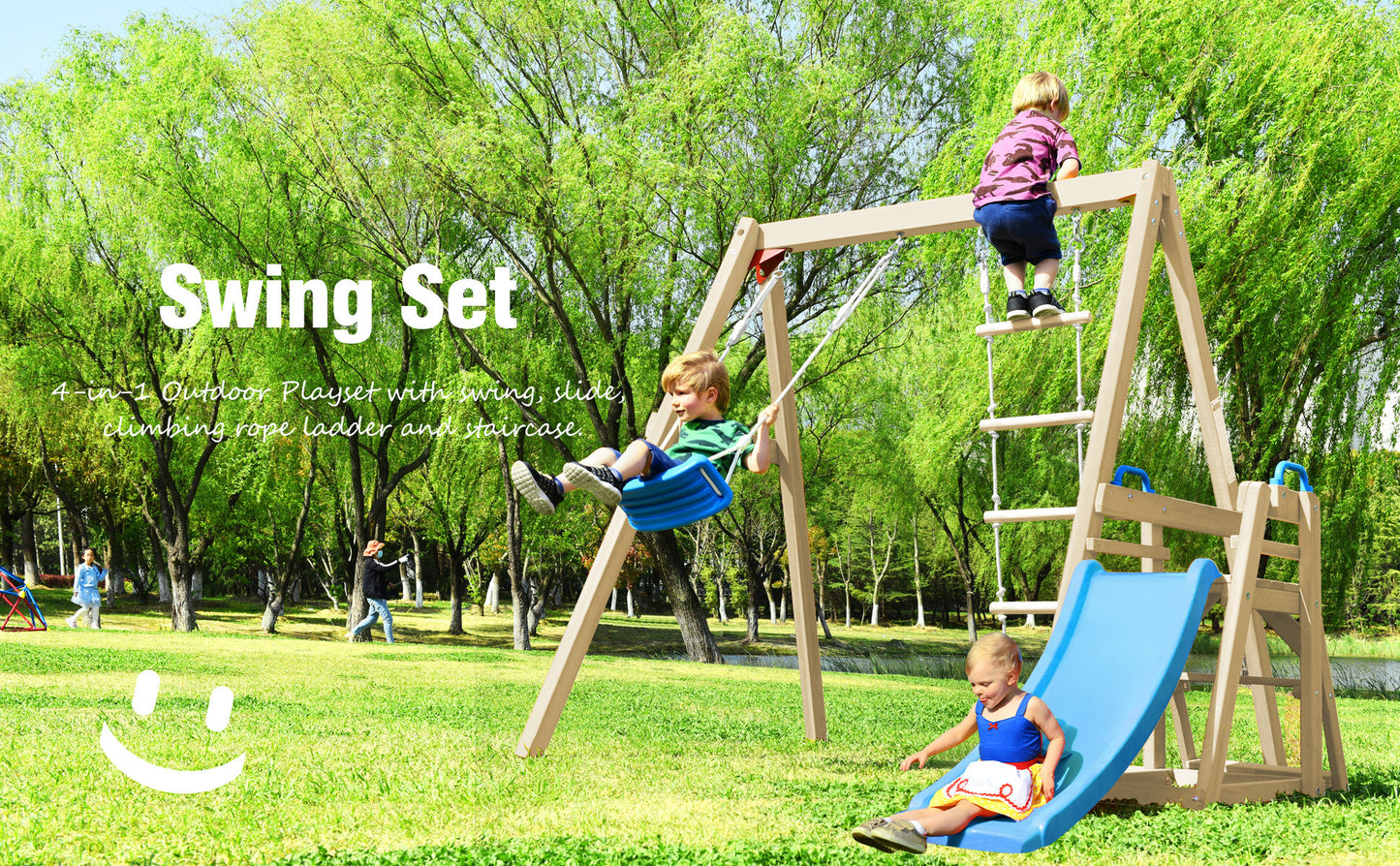 Wooden Swing Set with Slide and Climbing Rope Ladder for Toddler and Kids