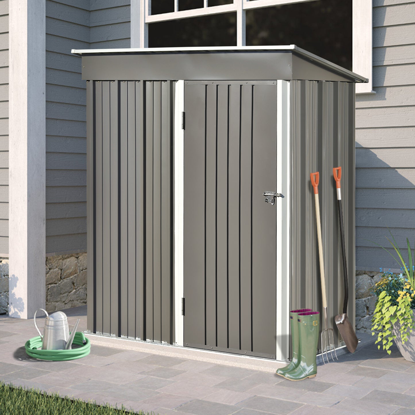 Patio 5ft Wx3ft. L Garden Shed, Metal Lean-to Storage Shed with Adjustable Shelf and Lockable Door, Tool Cabinet for Backyard, Lawn, Garden, Gray