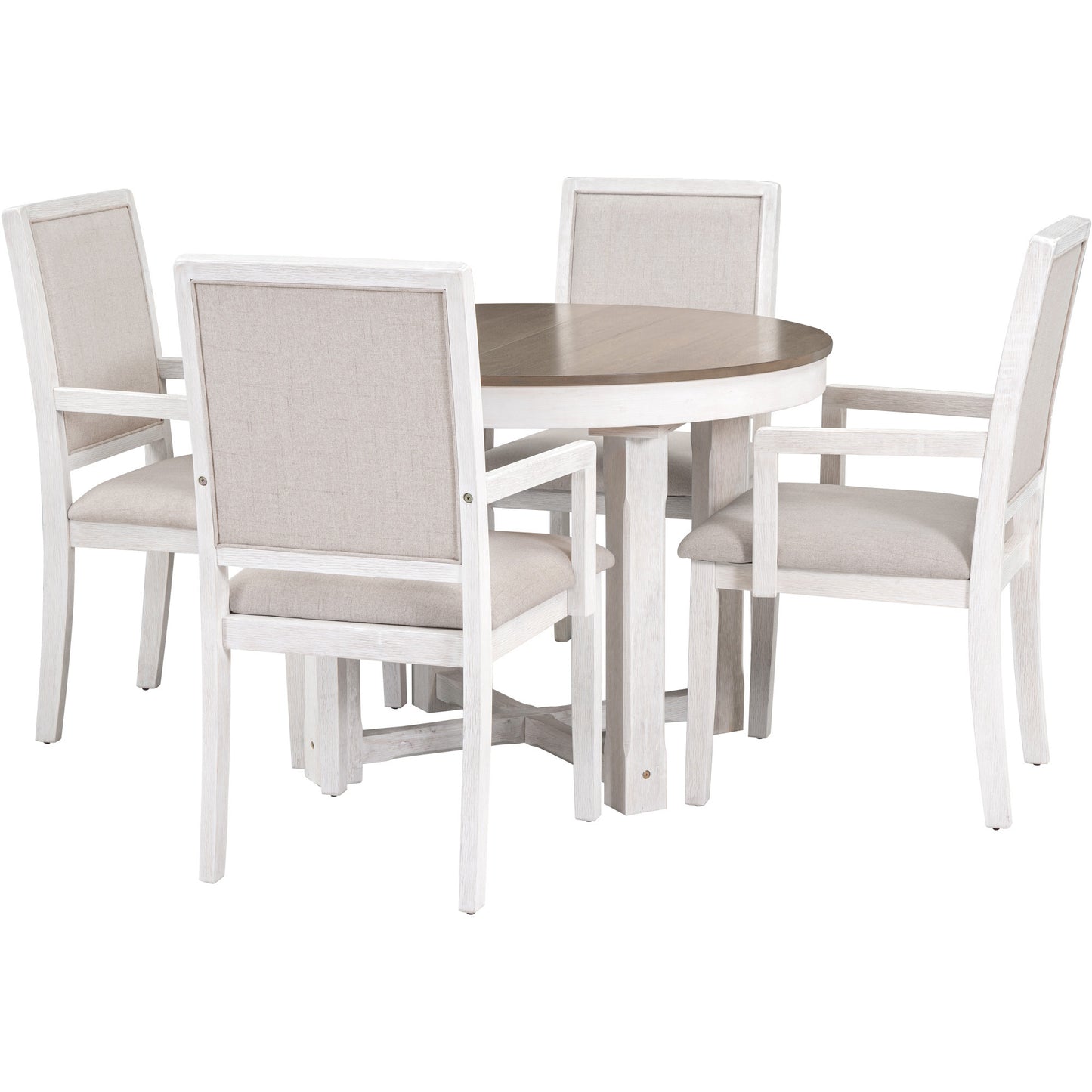 TREXM 5-Piece Dining Table Set, Two-Size Round To Oval Extendable Butterfly Leaf Wood Dining Table and 4 Upholstered Dining Chairs with Armrests (Brown+White)