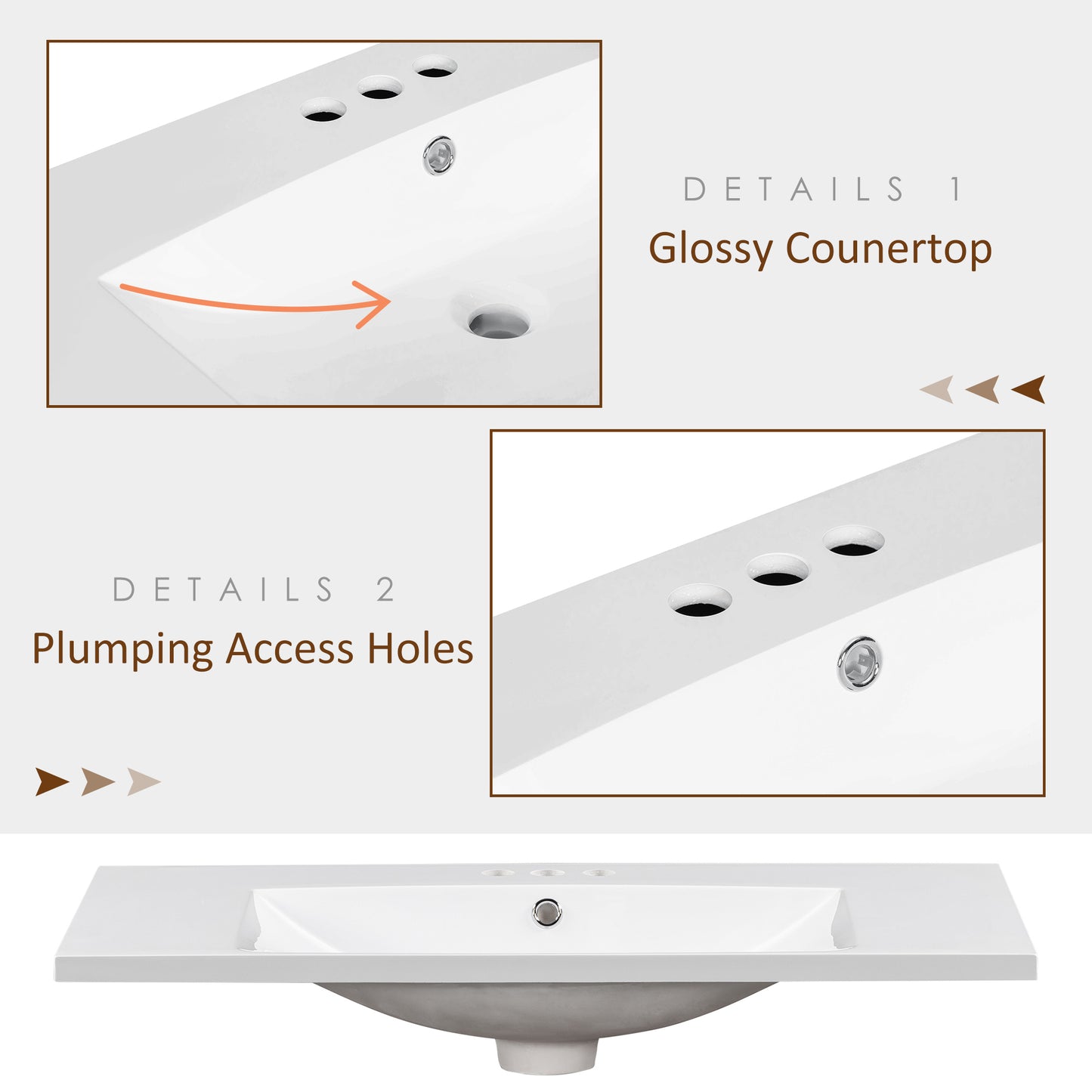 36" Single Bathroom Basin Sink, Vanity Top Only, 3-Faucet Holes, Resin