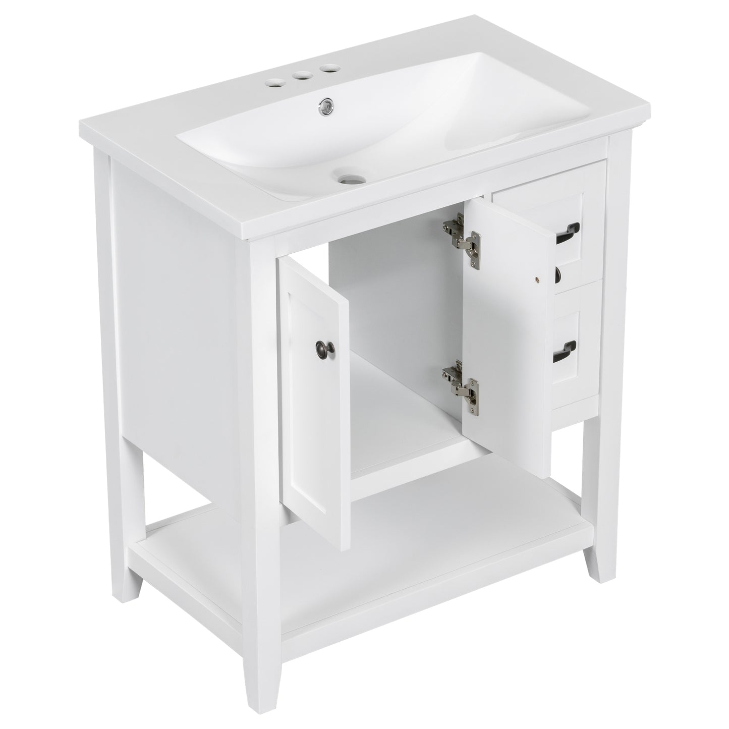 30" Bathroom Vanity with Ceramic Sink Top, Vanity Cabinet with Multi-Functional Drawer, Solid Wood Legs, White