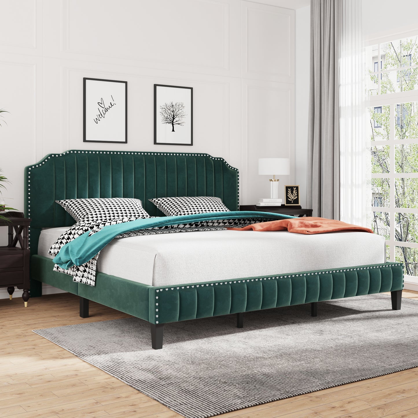 Modern Velvet Curved Upholstered Platform Bed , Solid Wood Frame , Nailhead Trim, Green (King)