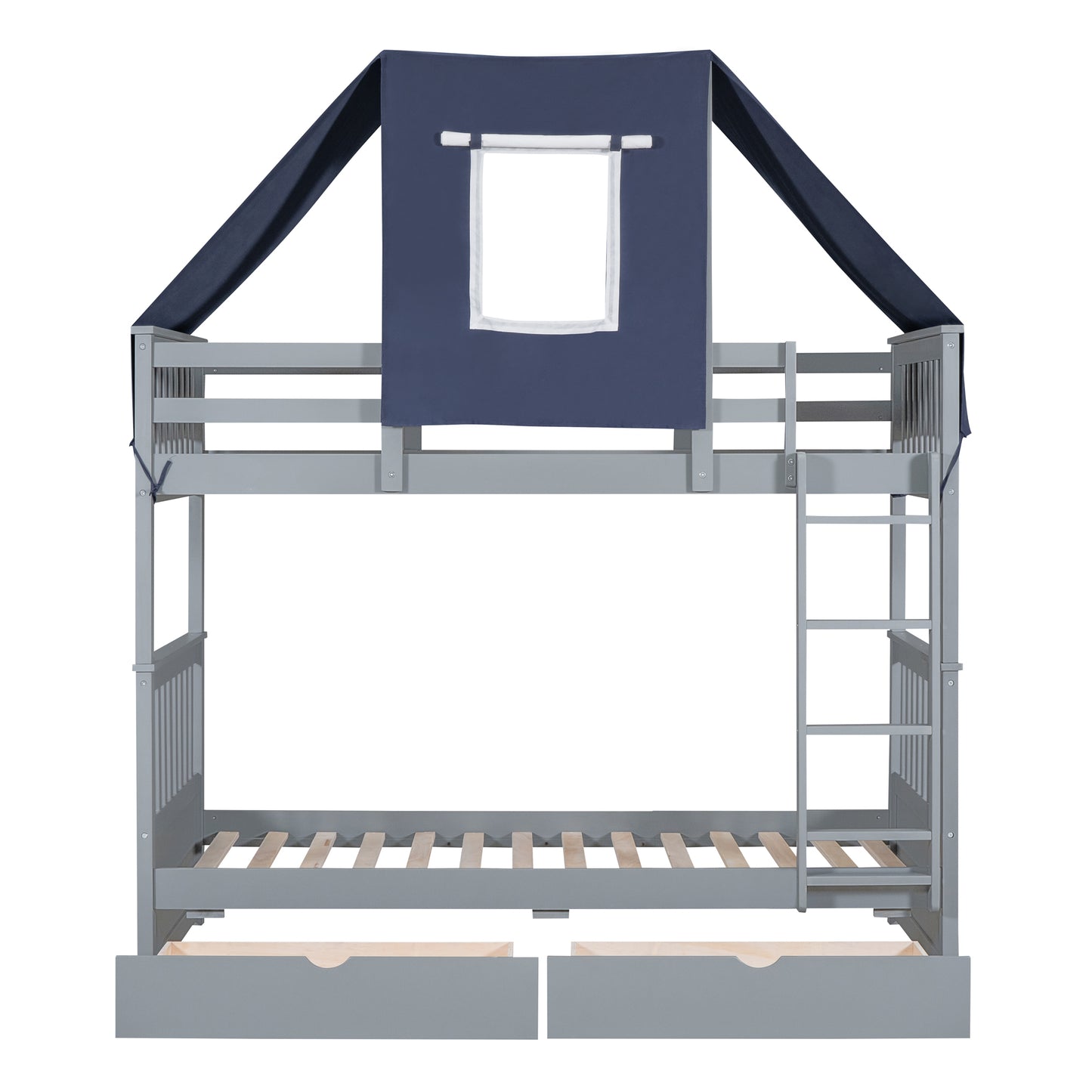 Twin Over Twin House Bunk Bed with Playful Tent and Storage Drawers, Gray+Blue Theme