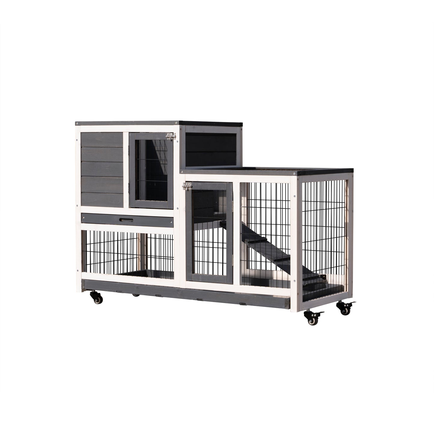 Removable Tray Ramp wooden outdoor rabbit hutch small animal coop with running cage with Enclosed Run with Wheels, Ramp, Removable Tray Ideal