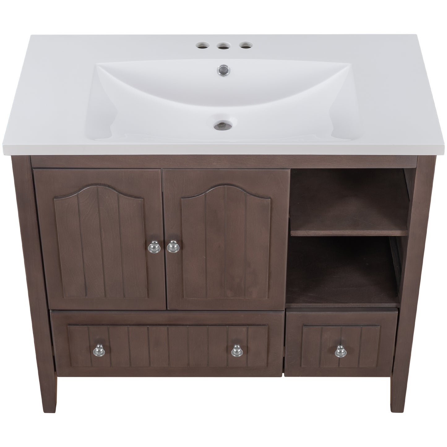 36" Bathroom Vanity with Ceramic Basin, Bathroom Storage Cabinet with Two Doors and Drawers, Solid Frame, Metal Handles, Brown