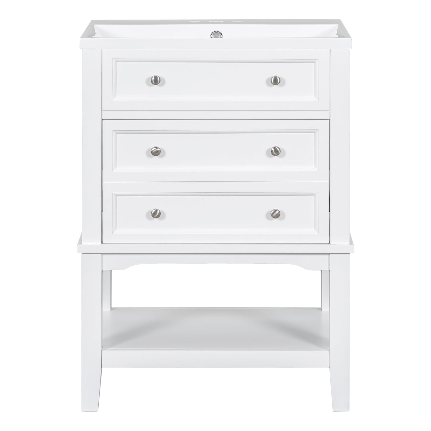 24" Bathroom Vanity With Sink, Bathroom Storage Cabinet with Drawer and Open Shelf, Solid Wood Frame, White