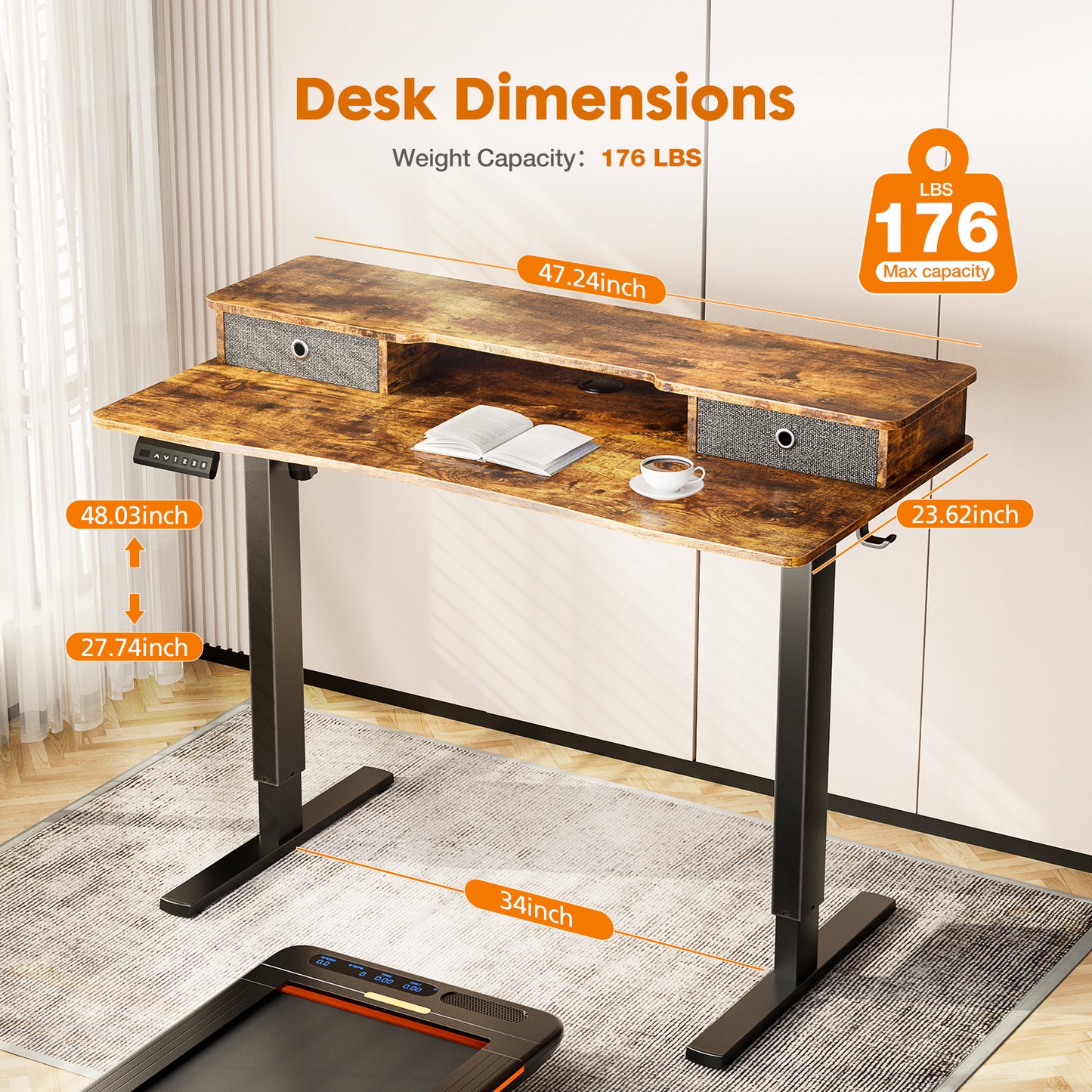 Electric Standing Desk with Height Adjustment, Storage Shelf, and Double Drawer