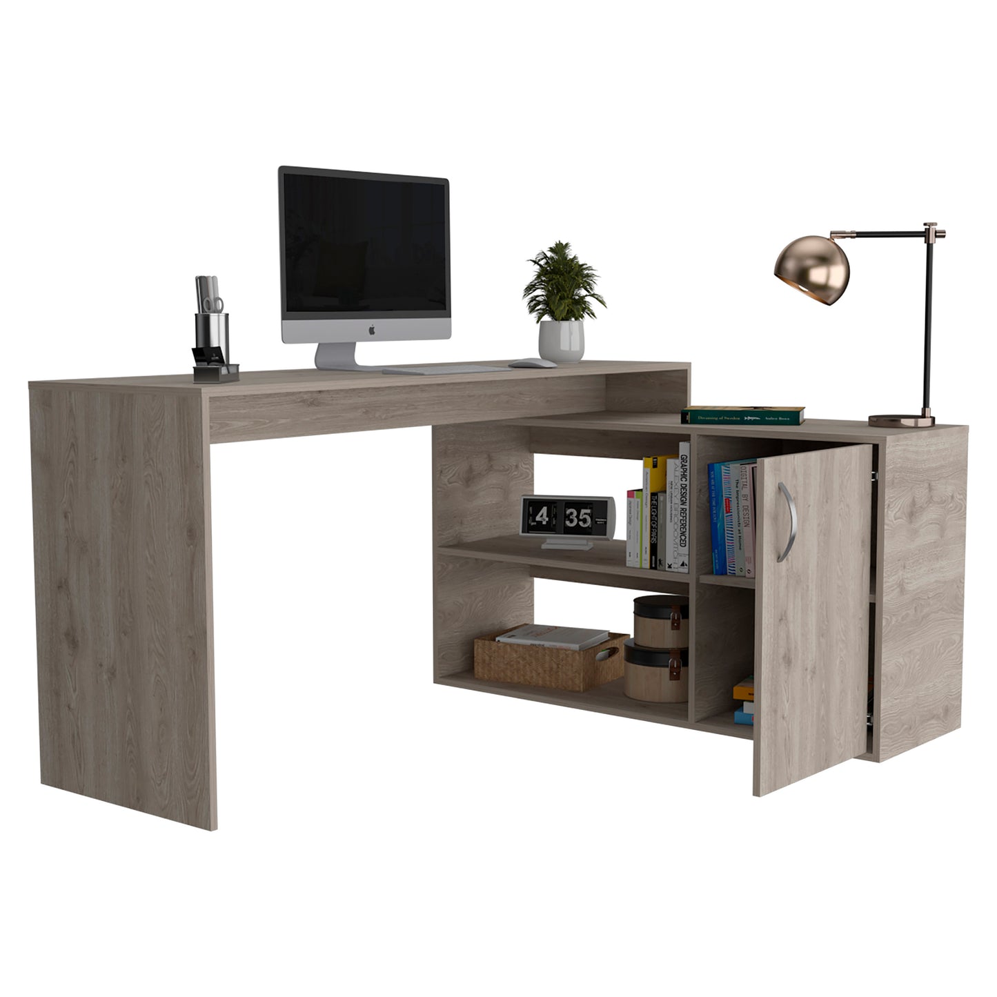 Ridley Light Gray L-Shaped Writing Desk with 2 Shelves - Modern Corner Workspace Upgrade