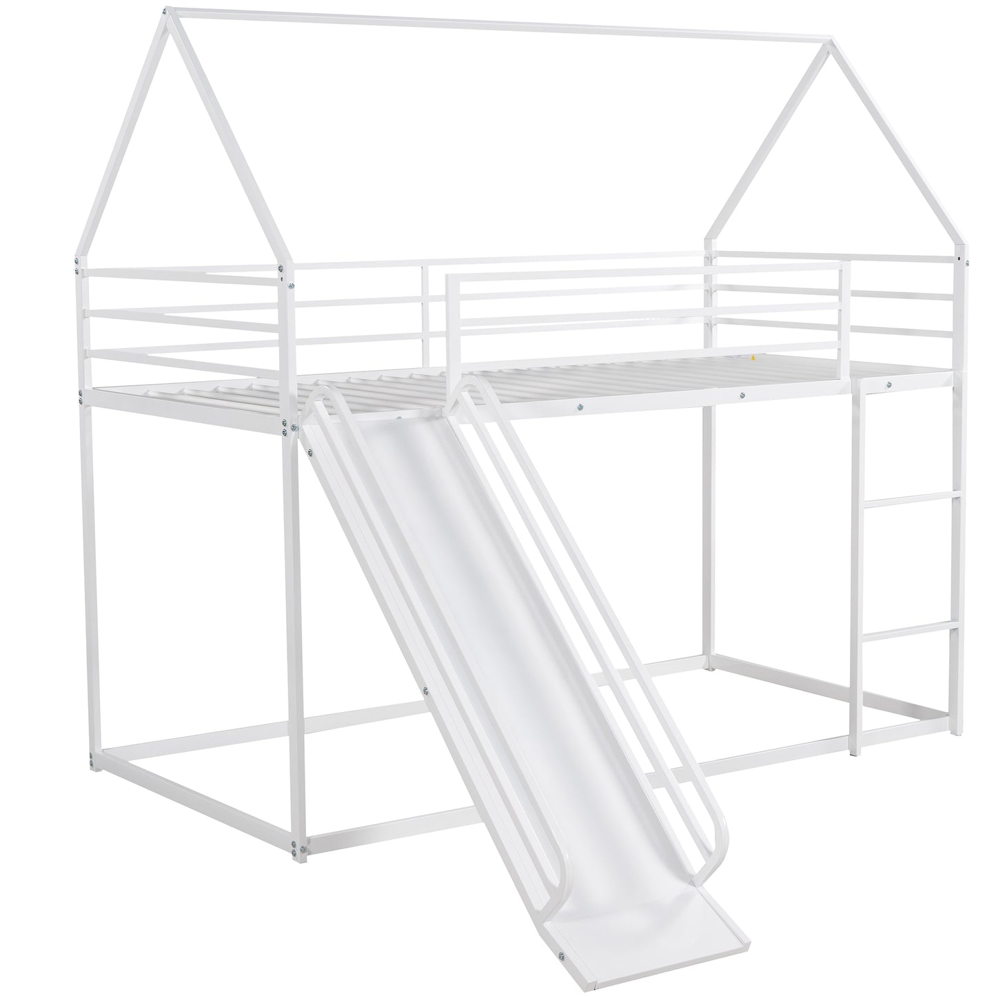 White Twin over Twin House Bunk Bed with Ladder, Slide, and Playhouse