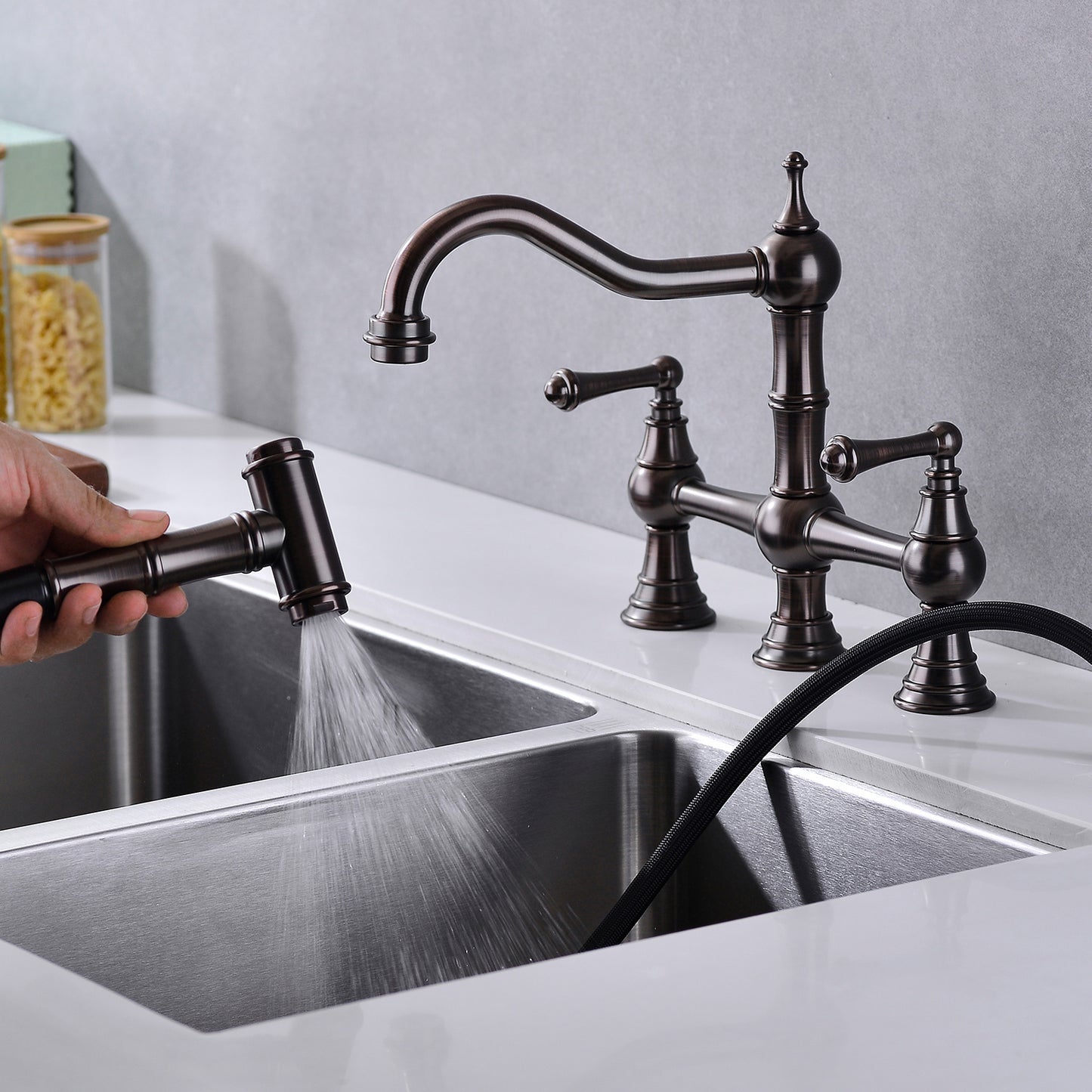 Bridge Dual Handles Kitchen Faucet With Pull-Out Side Spray in