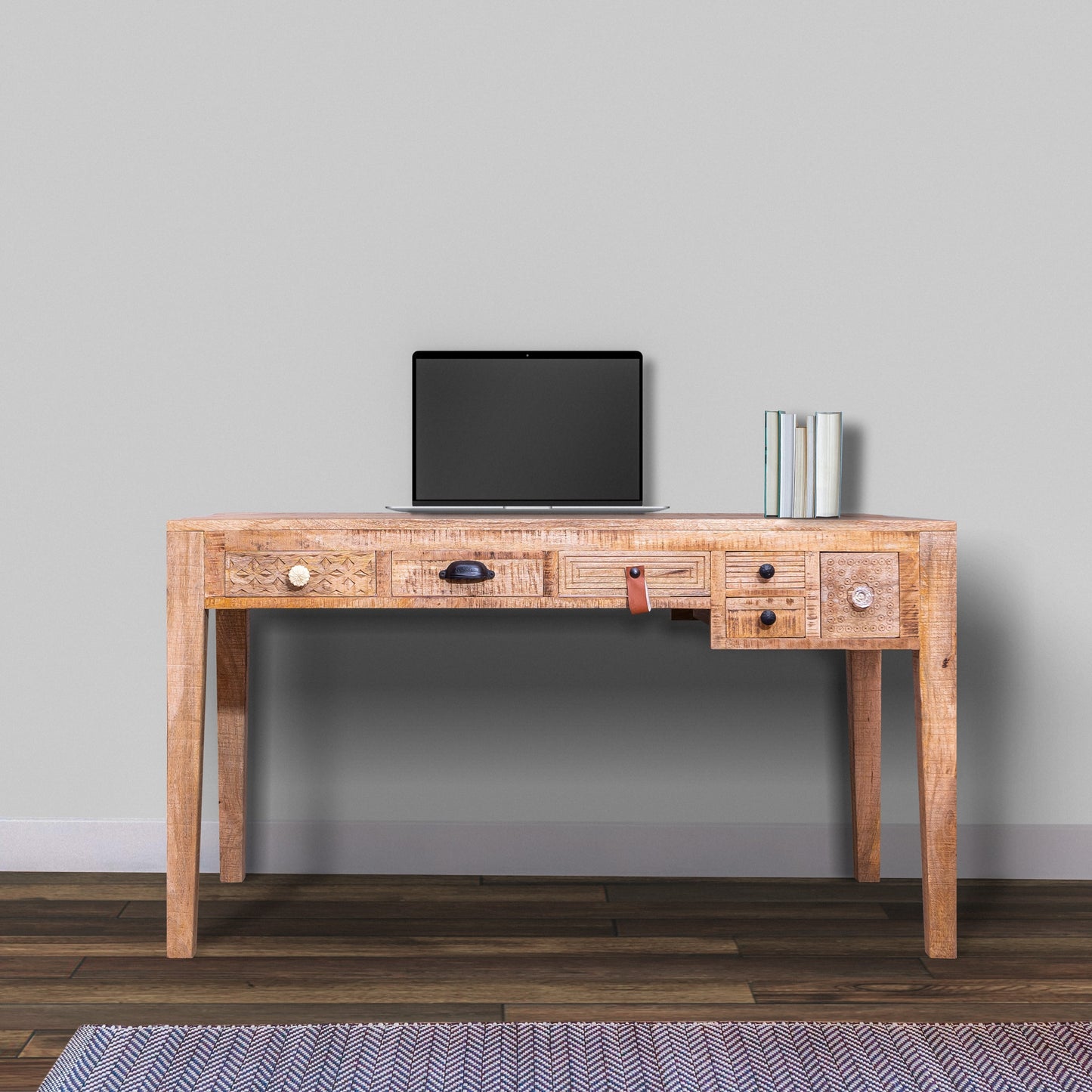 6 Drawer Rustic Brown Mango Wood Office Desk with Straight Legs