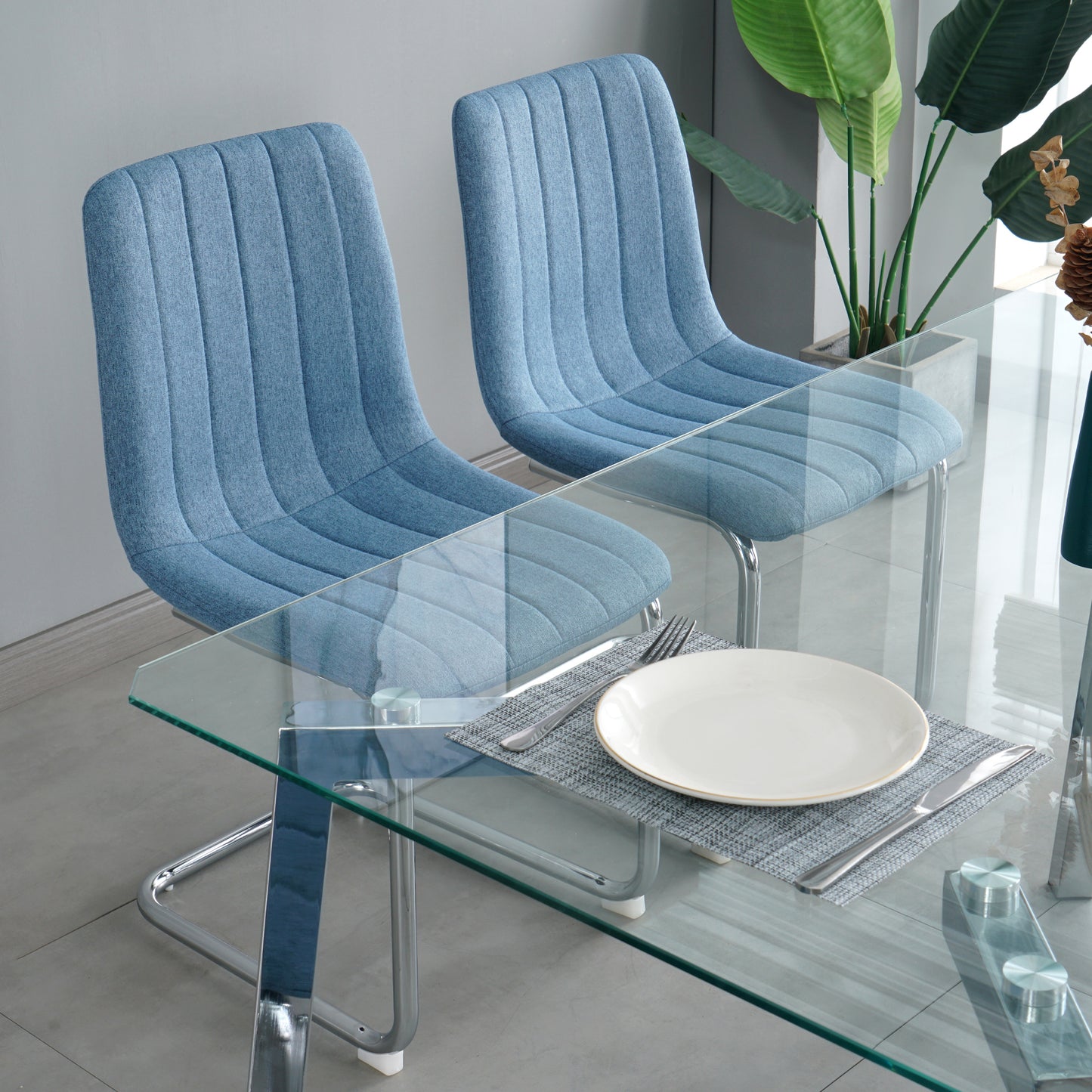 Dining furniture 51.1" Table with four chairs,0.3" Clear tempered glass with chrome metal legs,fabric chair with chrome metal legs.