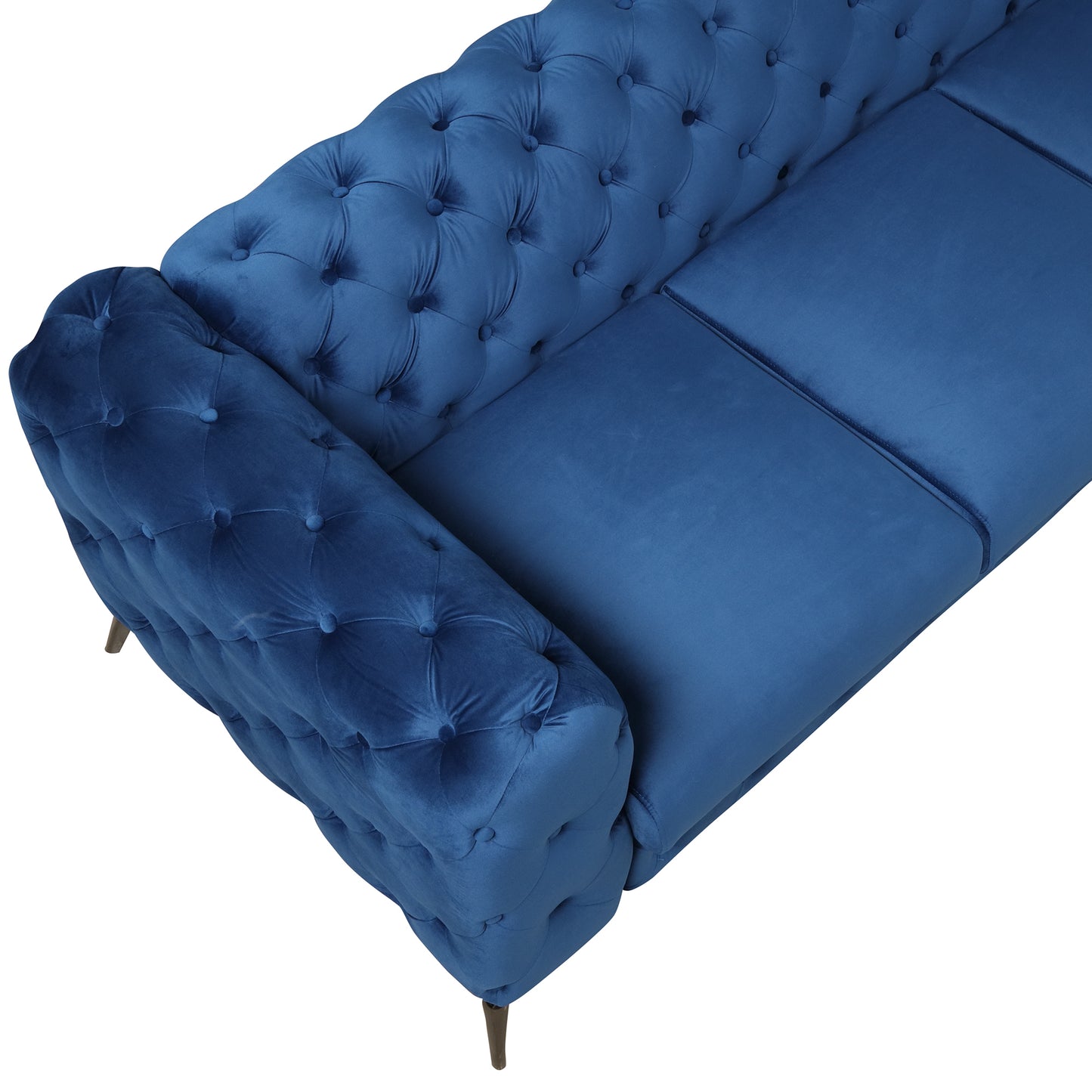 Modern Blue Velvet Upholstered 3 Seater Sofa with Button Tufted Back and Sturdy Metal Legs